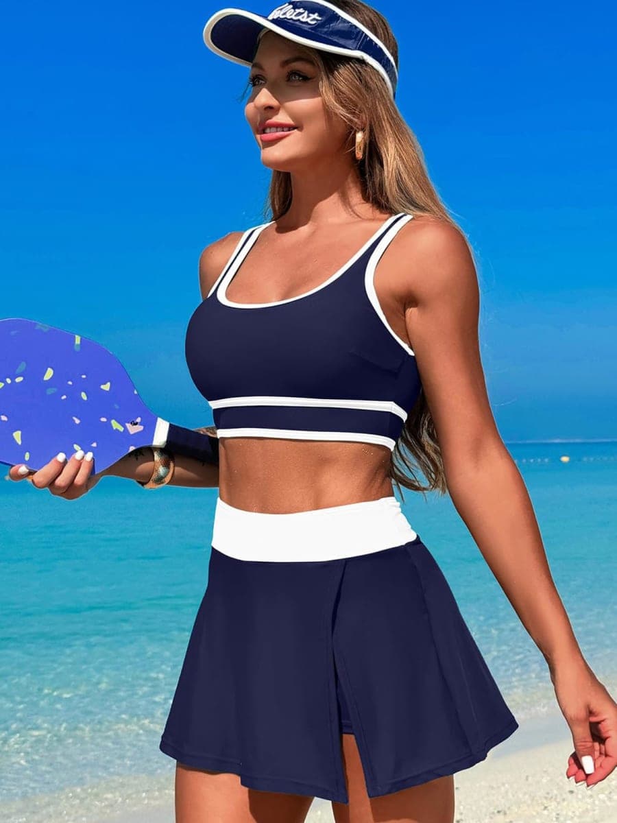ZRTAK Women's High Waisted Bikini Sets Tummy Control Swim Skirt Two Piece Swim Suit Tummy Control Color Block Bathing Suit, Dark Blue2, Small thumbnail 2