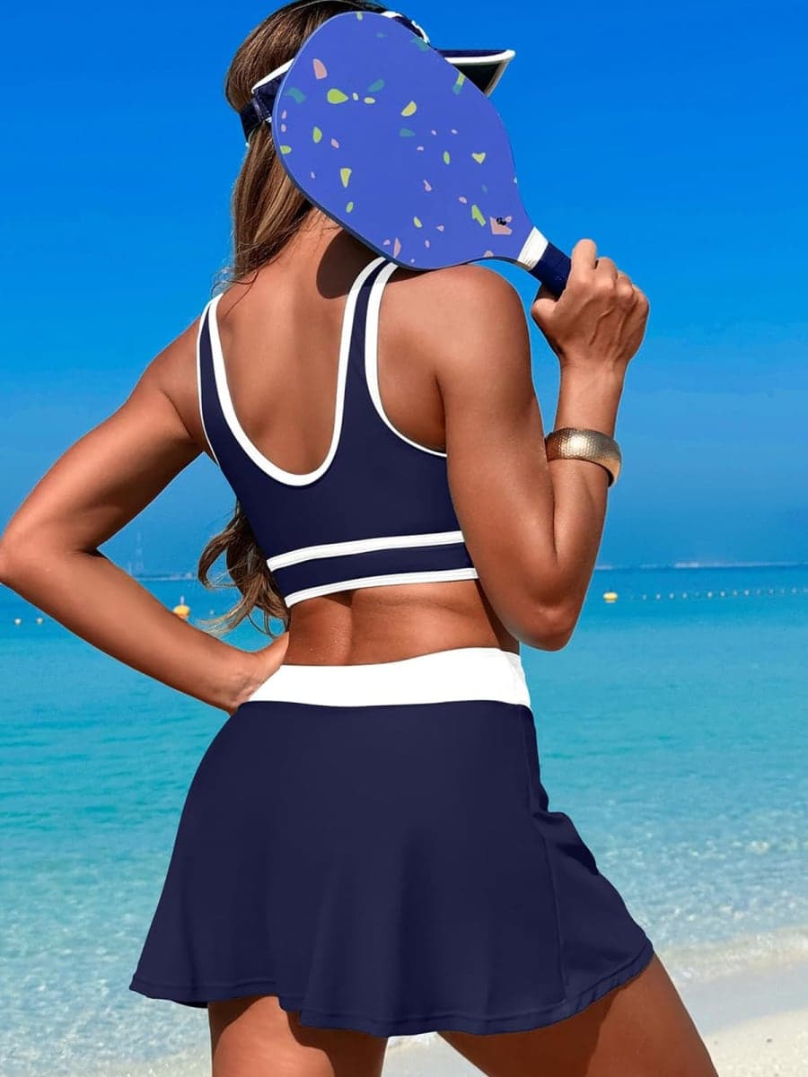 ZRTAK Women's High Waisted Bikini Sets Tummy Control Swim Skirt Two Piece Swim Suit Tummy Control Color Block Bathing Suit, Dark Blue2, Small thumbnail 3
