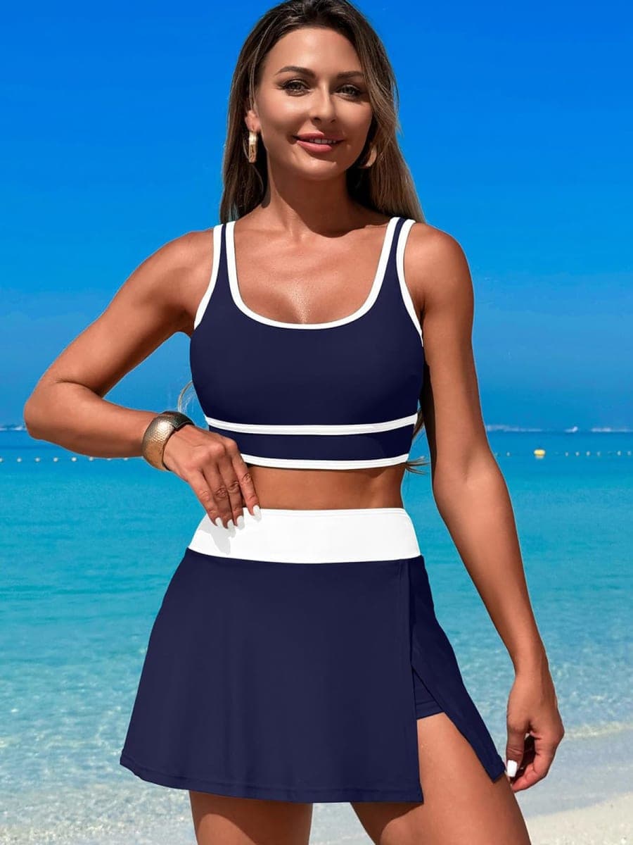 ZRTAK Women's High Waisted Bikini Sets Tummy Control Swim Skirt Two Piece Swim Suit Tummy Control Color Block Bathing Suit, Dark Blue2, Small thumbnail 4