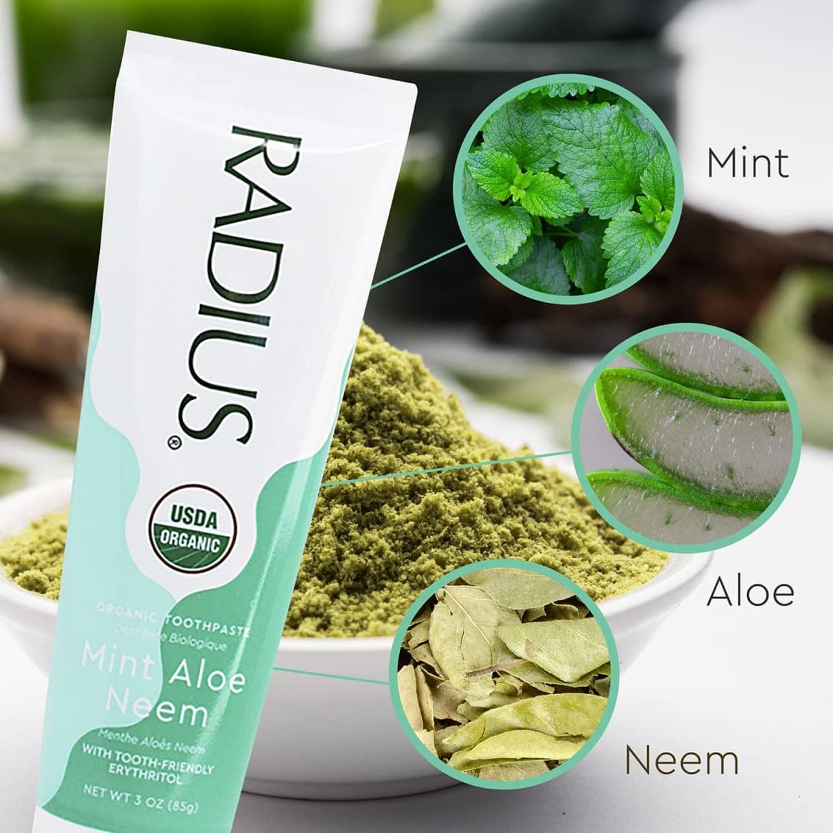 RADIUS USDA Organic Toothpaste 3oz Non Toxic Chemical-Free Gluten-Free Designed to Improve Gum Health & Prevent Cavity - Mint Aloe Neem - Pack of 1 thumbnail 4