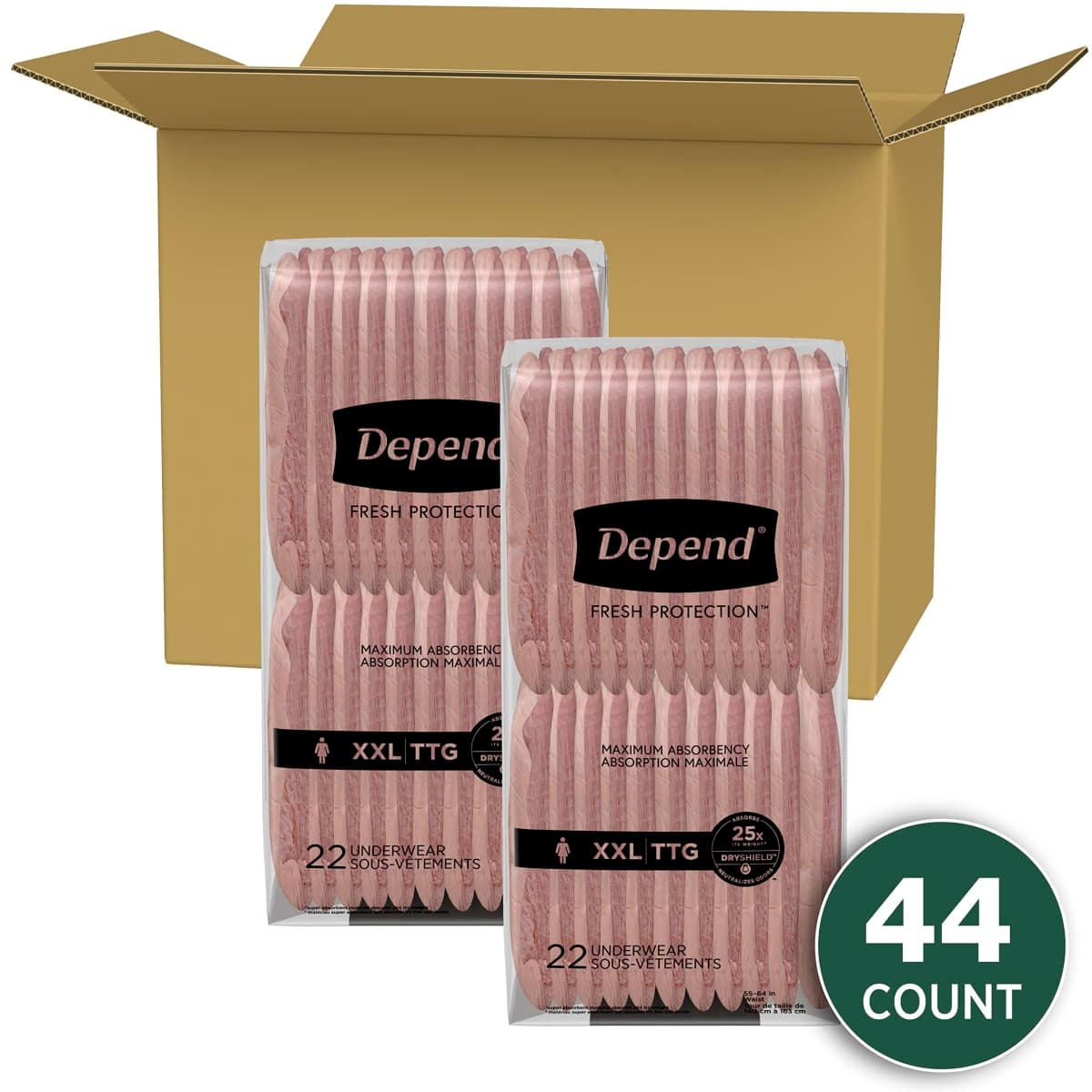Depend Fresh Protection Adult Incontinence Underwear for Women (Formerly Depend Fit-Flex), Disposable, Maximum, Extra-Extra-Large, Blush, 44 Count (2 Packs of 22) thumbnail 2