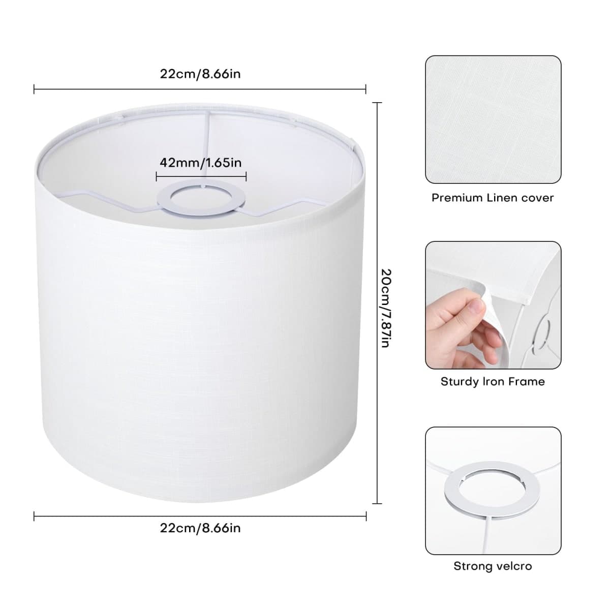 White Linen Small Drum Lampshade, 8.66" Top x 8.66" Bottom x 7.87" High Lamp Shade, Lamp Shade Replacement for Table and Floor Lamps, Pendant Light，Handcrafted Lampshade，Easy Assembly thumbnail 2
