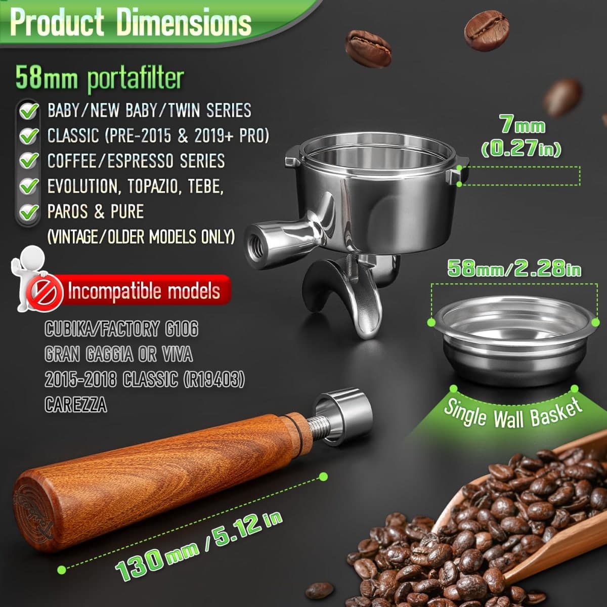 58mm Dual Spout Portafilter for Gaggia Baby Series & Classic (Pre-2015/Pro 2019+) | Not 2015-2018 | Rosewood Handle & Steel Basket thumbnail 2