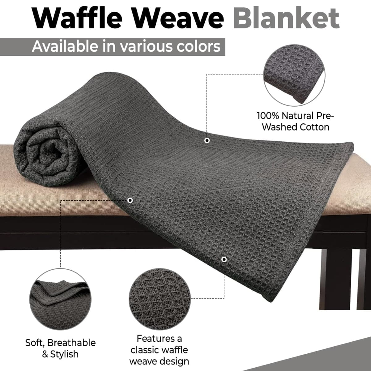 100% Cotton Blankets for Bed - Waffle Weave Blankets for Summer, Lightweight and Breathable Soft Woven Blanket for Spring (Dark Grey, King (90" x 108")) thumbnail 2