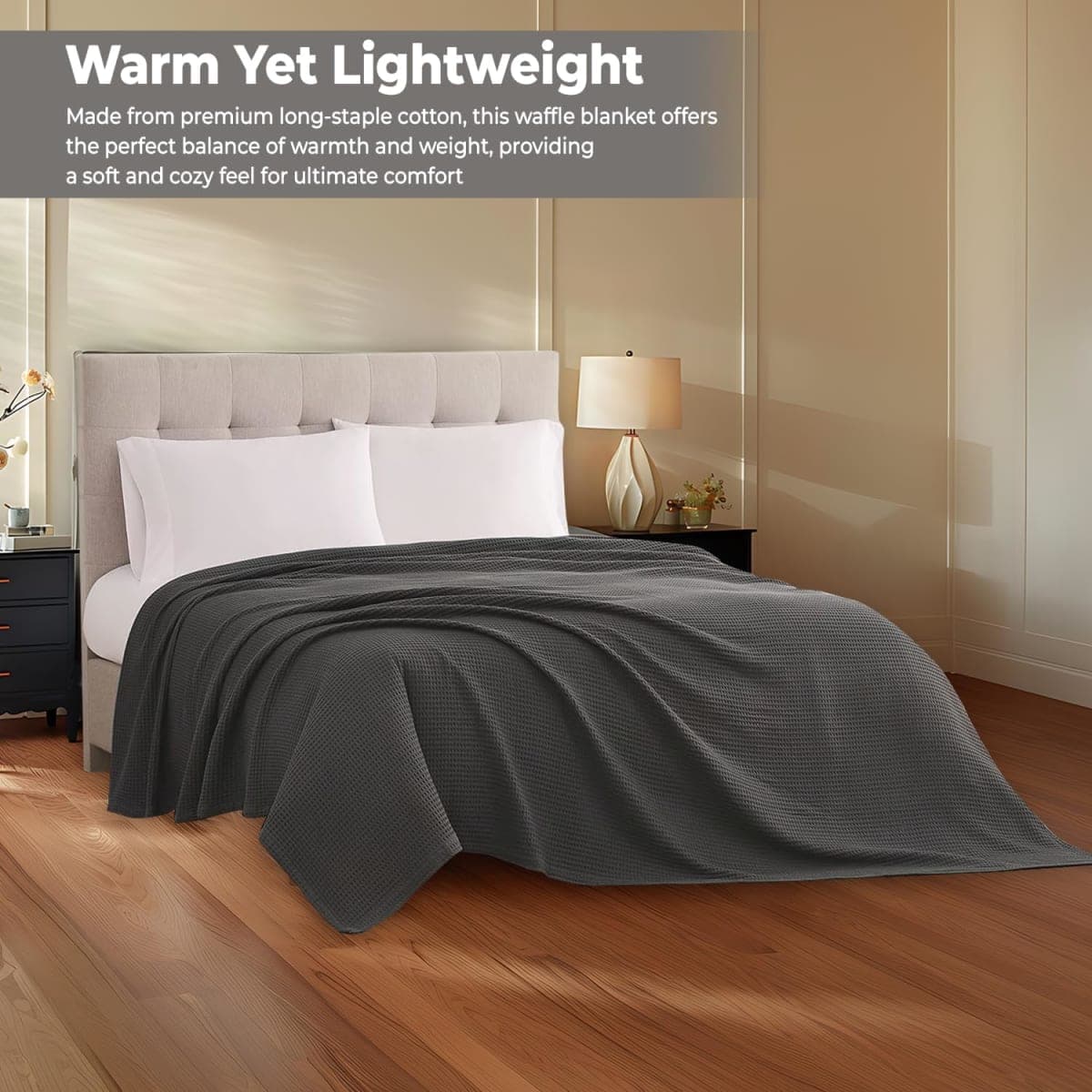 100% Cotton Blankets for Bed - Waffle Weave Blankets for Summer, Lightweight and Breathable Soft Woven Blanket for Spring (Dark Grey, King (90" x 108")) thumbnail 3