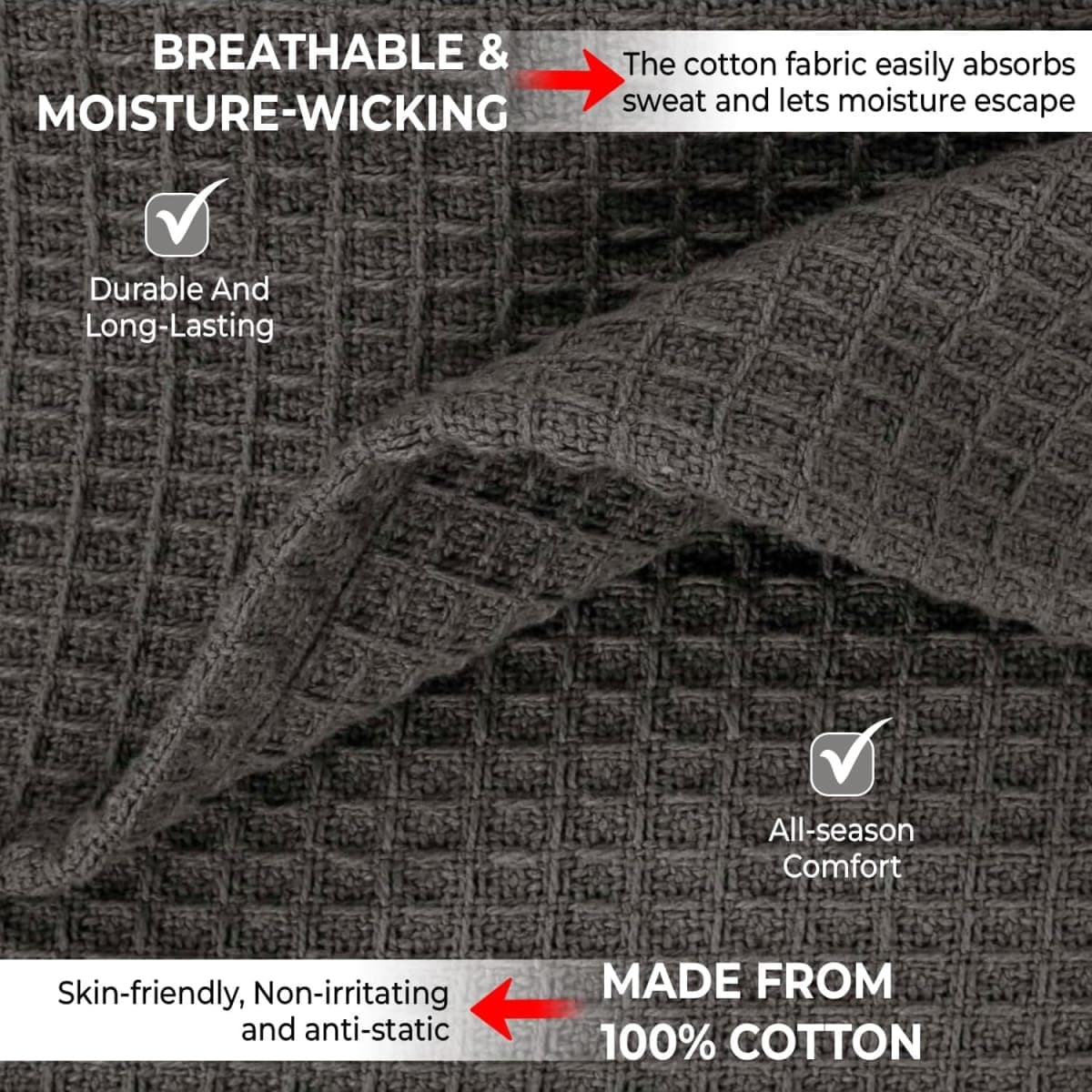 100% Cotton Blankets for Bed - Waffle Weave Blankets for Summer, Lightweight and Breathable Soft Woven Blanket for Spring (Dark Grey, King (90" x 108")) thumbnail 4