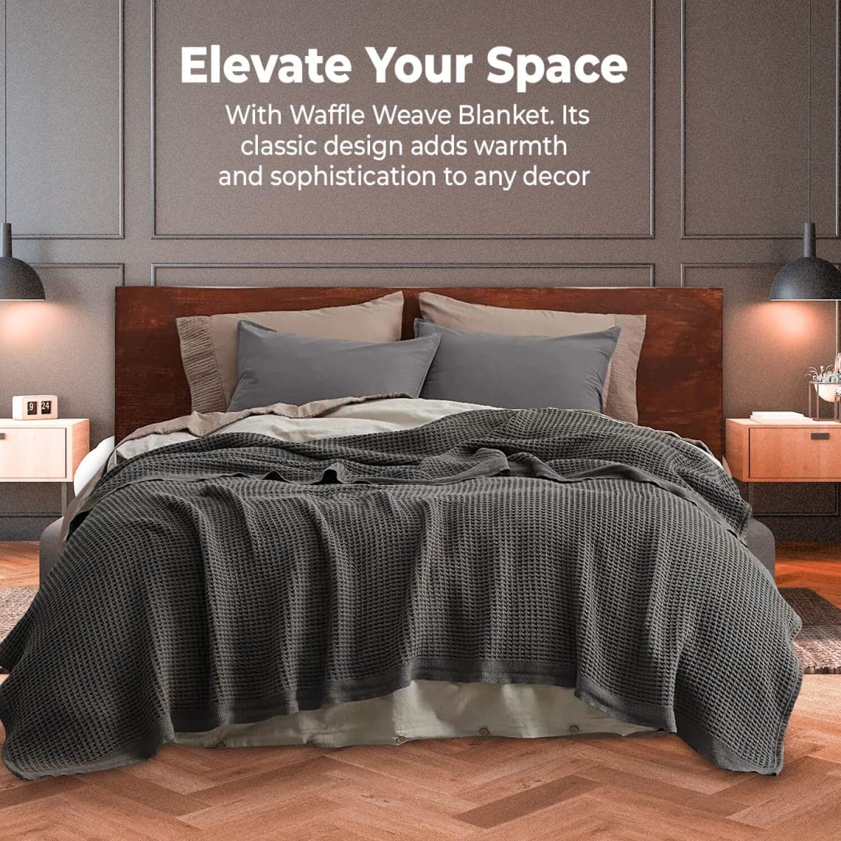 100% Cotton Blankets for Bed - Waffle Weave Blankets for Summer, Lightweight and Breathable Soft Woven Blanket for Spring (Dark Grey, King (90" x 108")) thumbnail 5