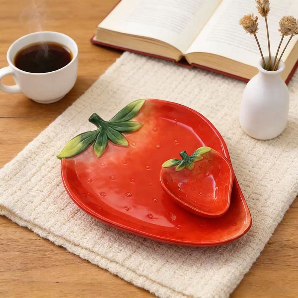 FORLONG Ceramic Red Strawberry Chip and Dip Serving Trays, Appetizers and Cheeses Serving Platter, Ideal for Snacks, Veggies, Fruit-11inches thumbnail 2