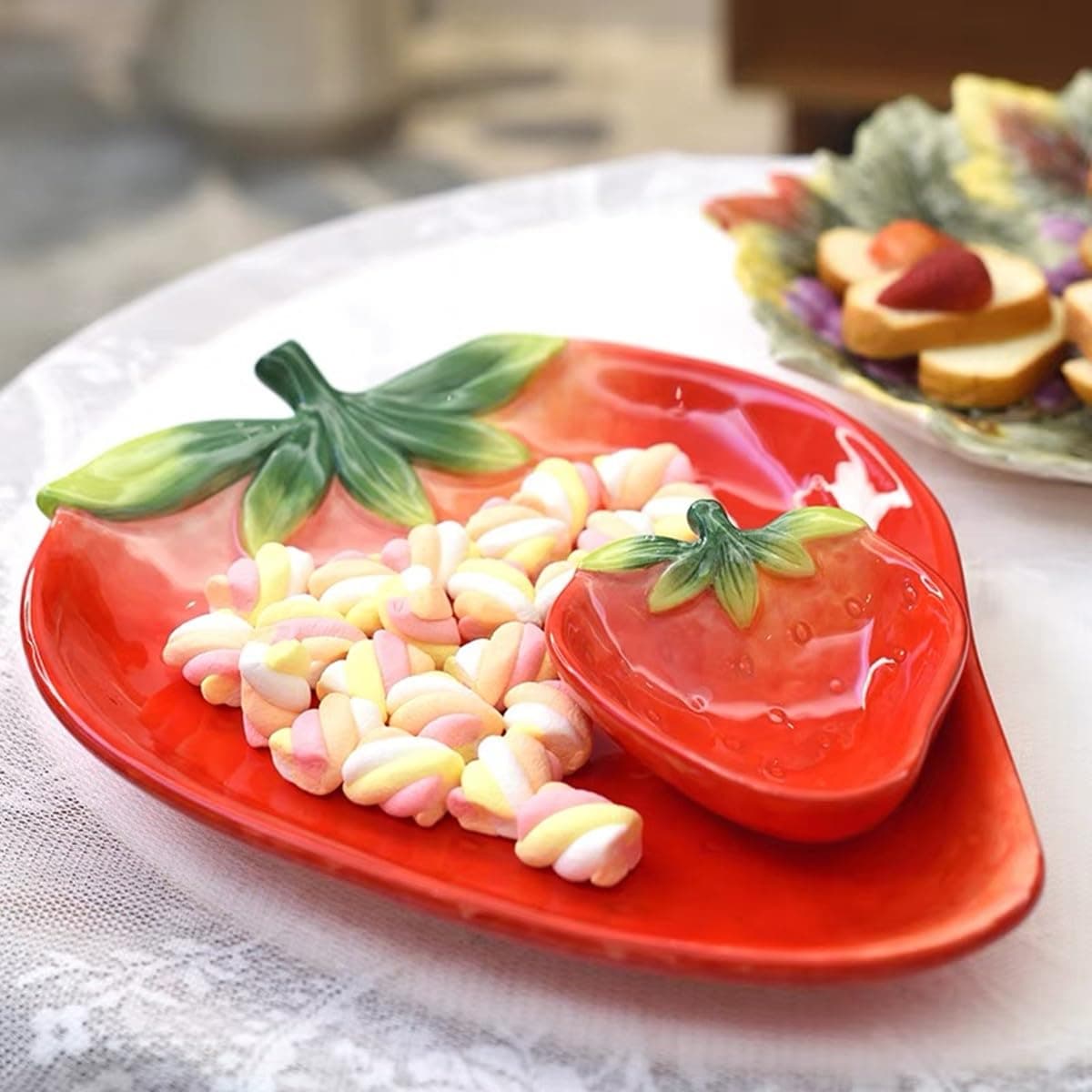 FORLONG Ceramic Red Strawberry Chip and Dip Serving Trays, Appetizers and Cheeses Serving Platter, Ideal for Snacks, Veggies, Fruit-11inches thumbnail 4