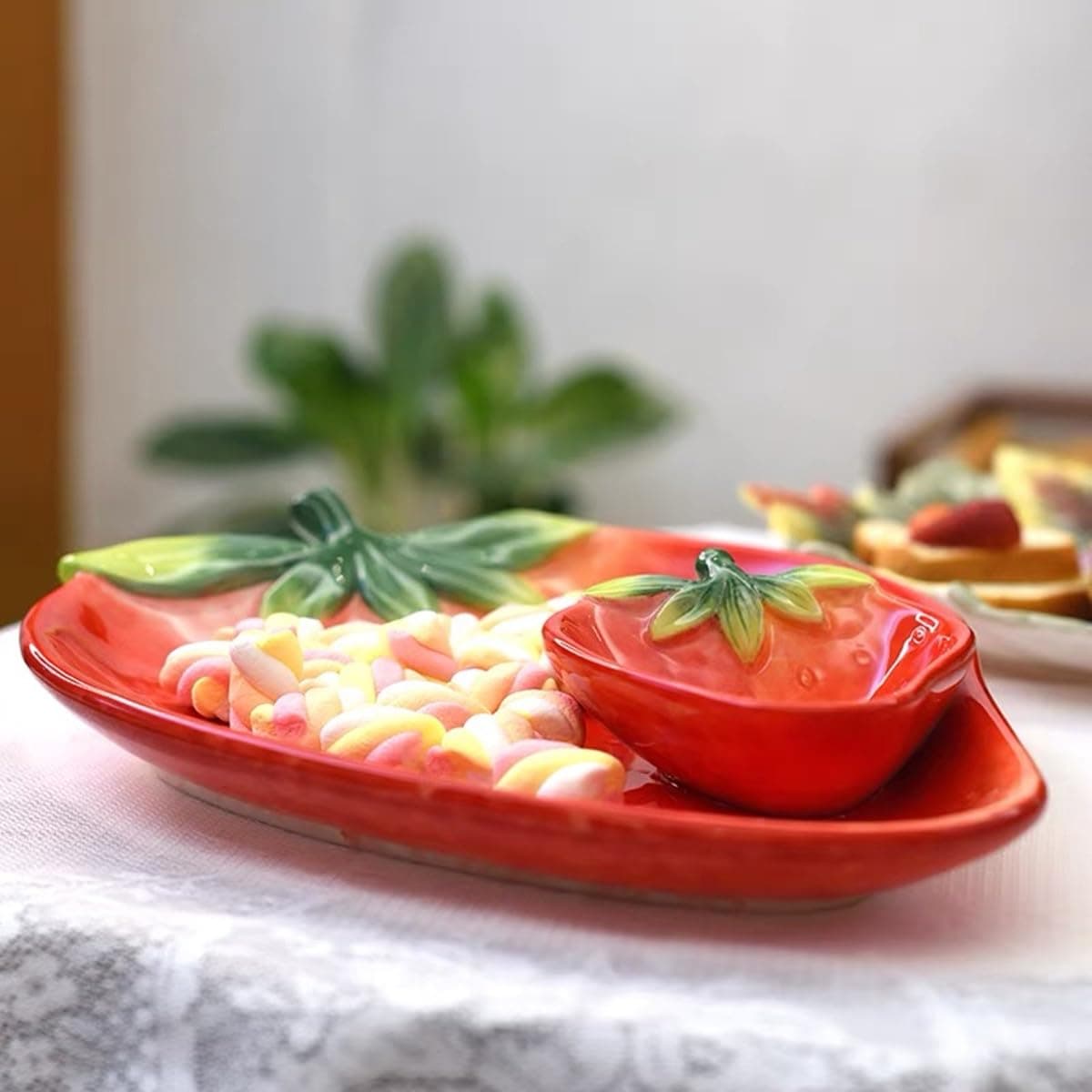 FORLONG Ceramic Red Strawberry Chip and Dip Serving Trays, Appetizers and Cheeses Serving Platter, Ideal for Snacks, Veggies, Fruit-11inches thumbnail 5