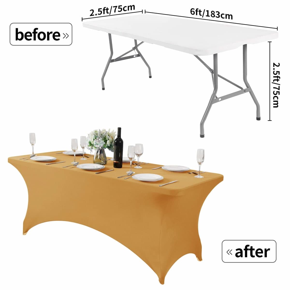 Hezuzo Spandex Table Cover for 6Ft Table Universal Fitted Stretch Tablecloth for Party, Banquet, Wedding and Events-Gold thumbnail 4