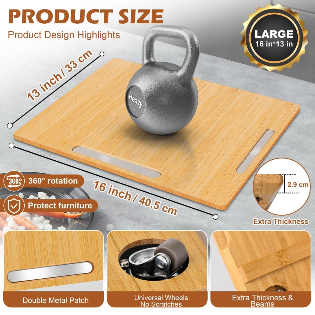 Joy&Grace Appliance Slider for Kitchen Appliances 360° Rolling Sliding Tray for Coffee Maker Countertop, Bamboo Coffee Pot Slider Rolling Tray with Universal Rollers (Natural, Large 40.5 x 33 cm) thumbnail 2