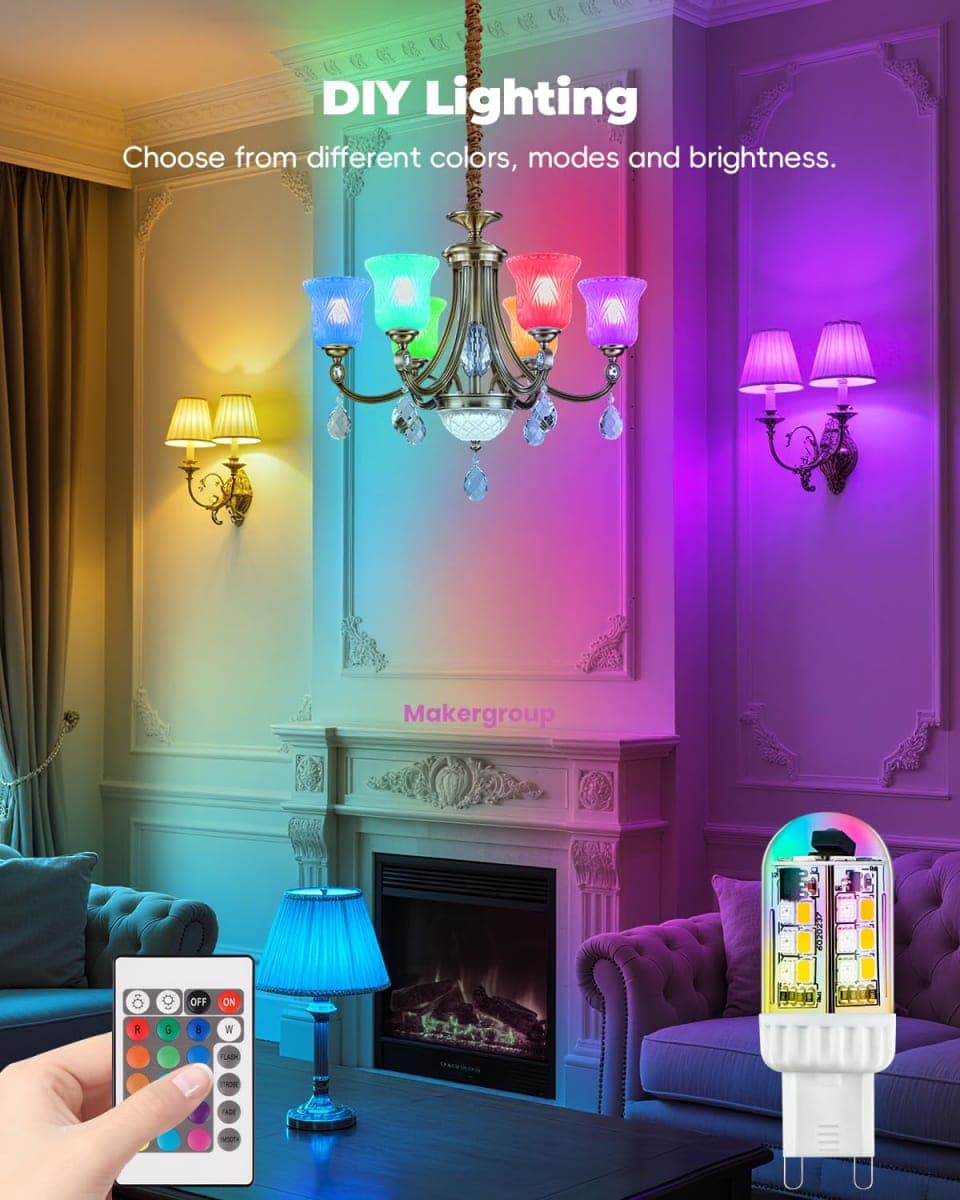 Makergroup G9 RGB Color Changing LED Light Bulbs, 20W 35W T4 G9 Halogen Replacement, Dimmable with Remote Control, Warm White+15 RGB Colors, Memory Function and Versatile G9 Bulbs, 100-240V 3-Pack thumbnail 3