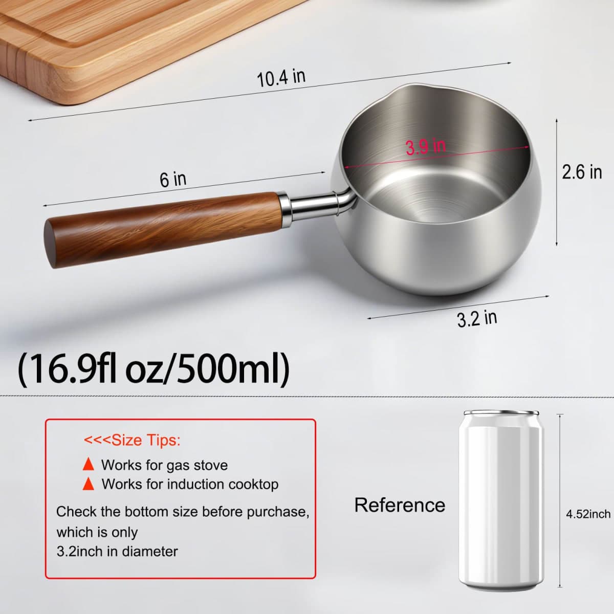 BQWII 17fl oz (500ml) Stainless Steel Mini Pot Butter Warmer, Milk and Coffee Heater, Seafood Butter Warmer, Chocolate Melting,with Pour Spout and Wooden Handle,Induction cooker available thumbnail 2