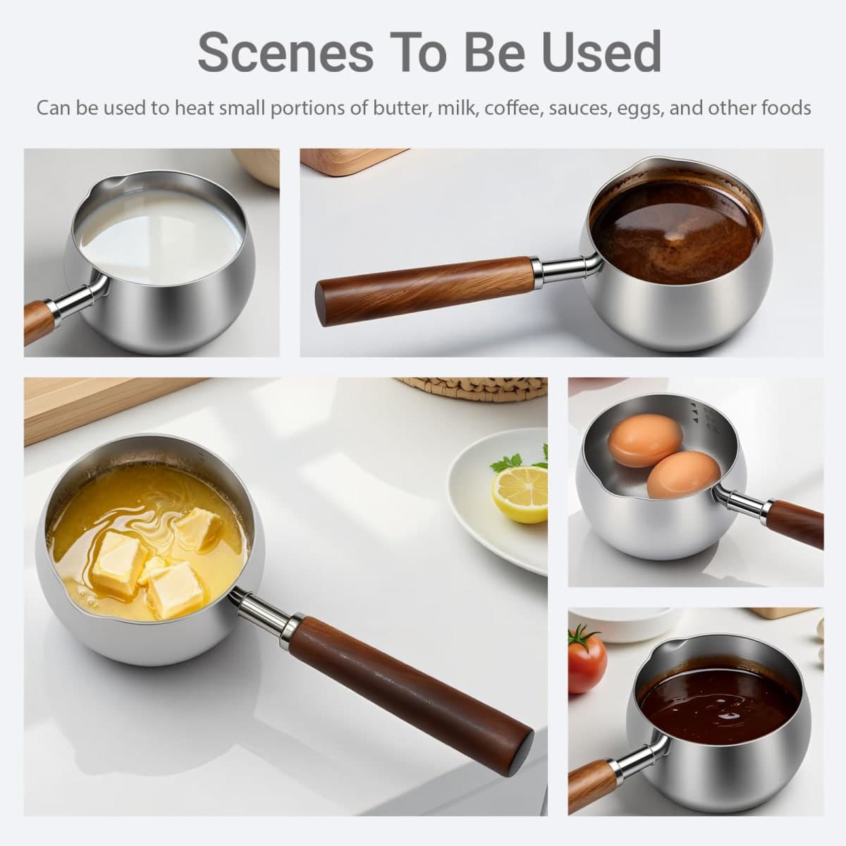 BQWII 17fl oz (500ml) Stainless Steel Mini Pot Butter Warmer, Milk and Coffee Heater, Seafood Butter Warmer, Chocolate Melting,with Pour Spout and Wooden Handle,Induction cooker available thumbnail 4