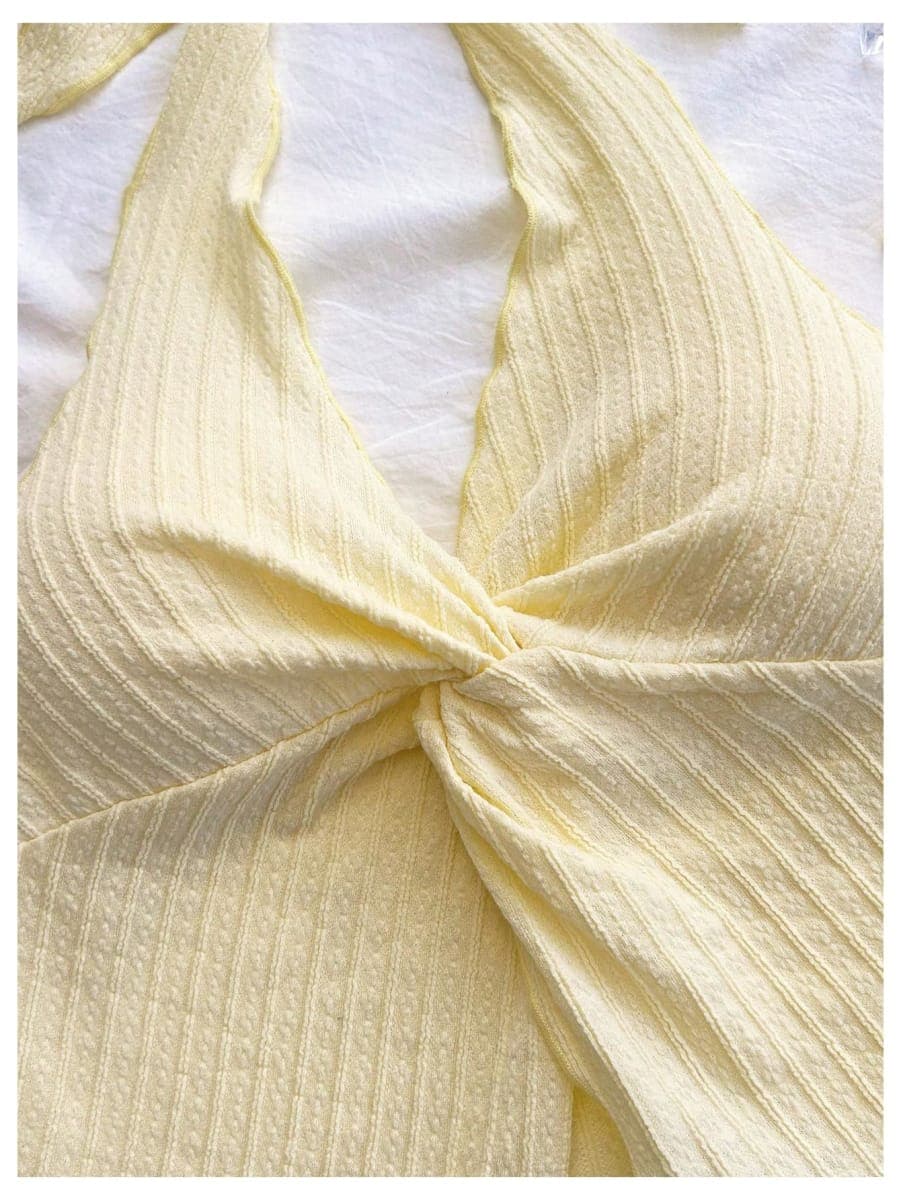 SHENHE Women's Twist Front Tie Halter Backless Summer Going Out Crop Top, Yellow, X-Small thumbnail 2