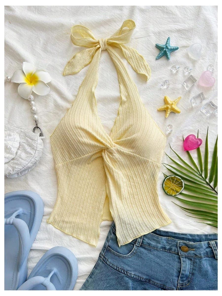 SHENHE Women's Twist Front Tie Halter Backless Summer Going Out Crop Top, Yellow, X-Small thumbnail 3