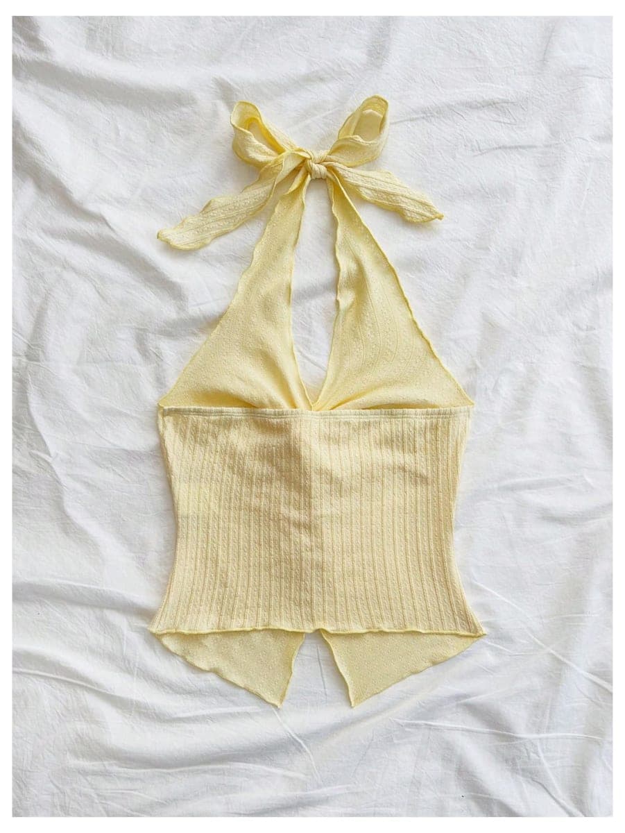 SHENHE Women's Twist Front Tie Halter Backless Summer Going Out Crop Top, Yellow, X-Small thumbnail 4