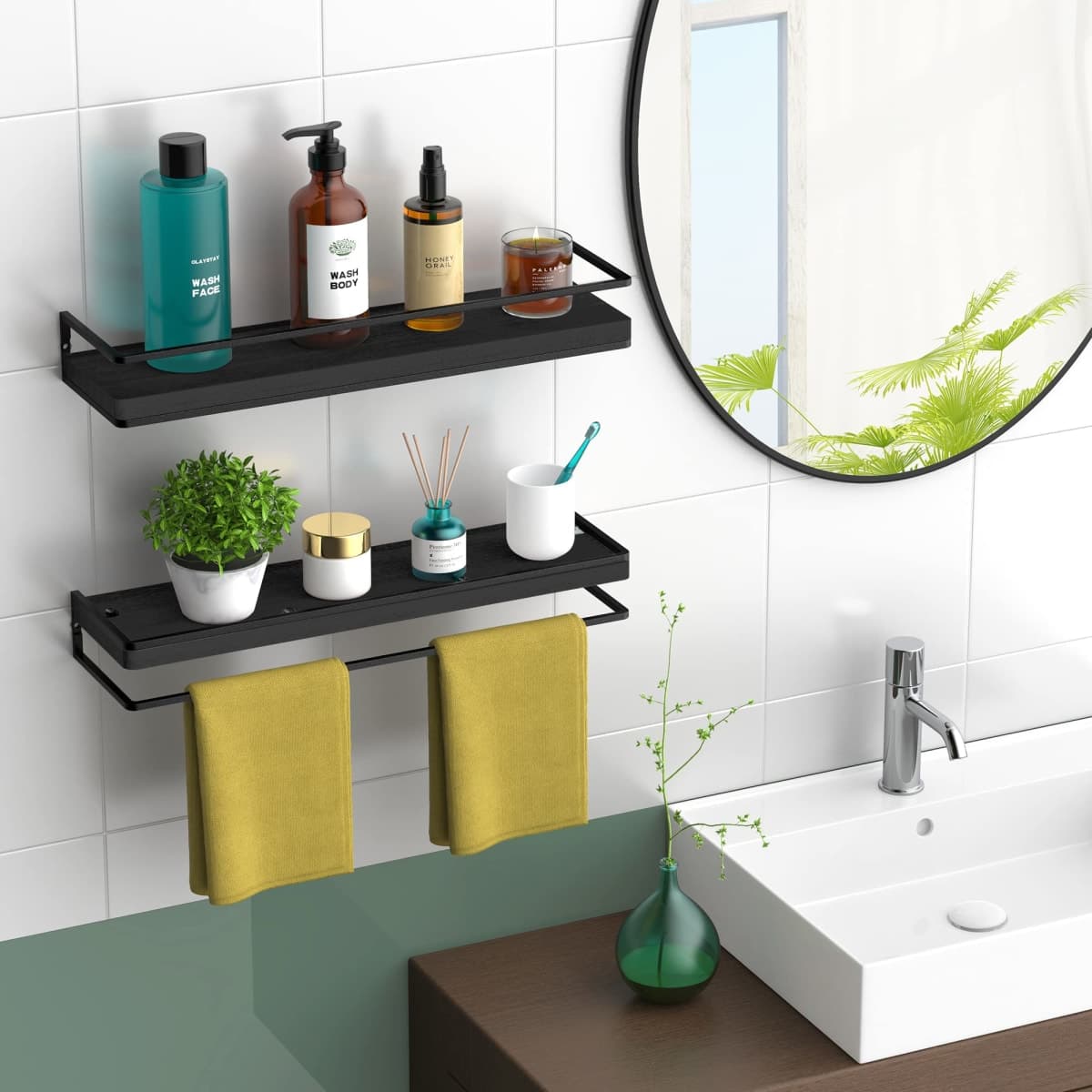 Meangood Floating Shelves Wall Mounted Set of 2, Rustic Wood Wall Storage Shelves for Bedroom,Living Room,Bathroom, Kitchen (Black) thumbnail 2