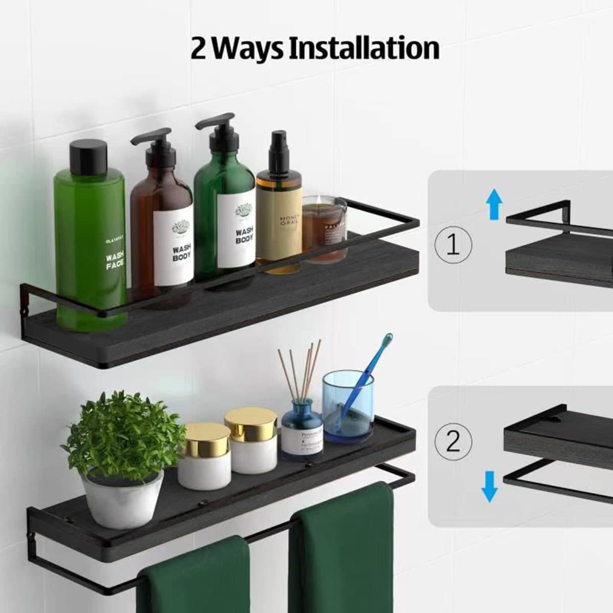 Meangood Floating Shelves Wall Mounted Set of 2, Rustic Wood Wall Storage Shelves for Bedroom,Living Room,Bathroom, Kitchen (Black) thumbnail 4