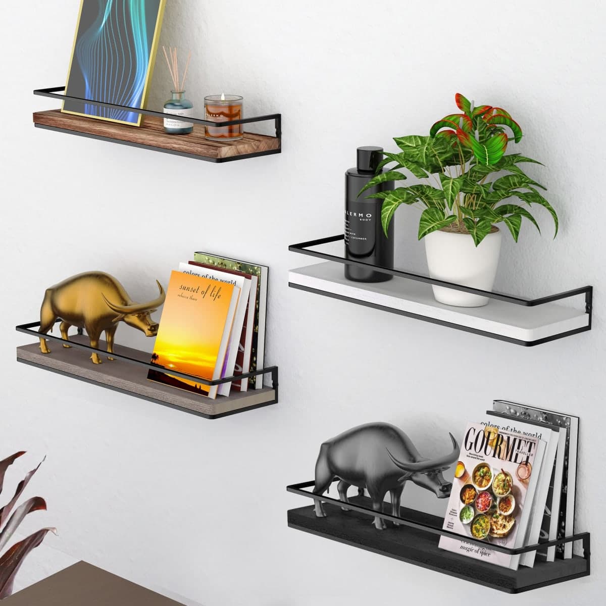 Meangood Floating Shelves Wall Mounted Set of 2, Rustic Wood Wall Storage Shelves for Bedroom,Living Room,Bathroom, Kitchen (Black) thumbnail 5