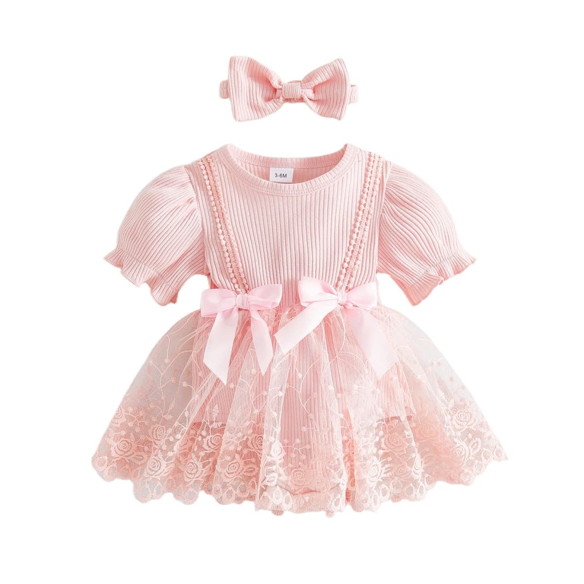 Douhoow Baby Girl Lace Dress Short Sleeve Baby Romper Dress Flowers Mesh Infant Girl Summer Clothes with Headband, Pink, 0-3 Months — image 1