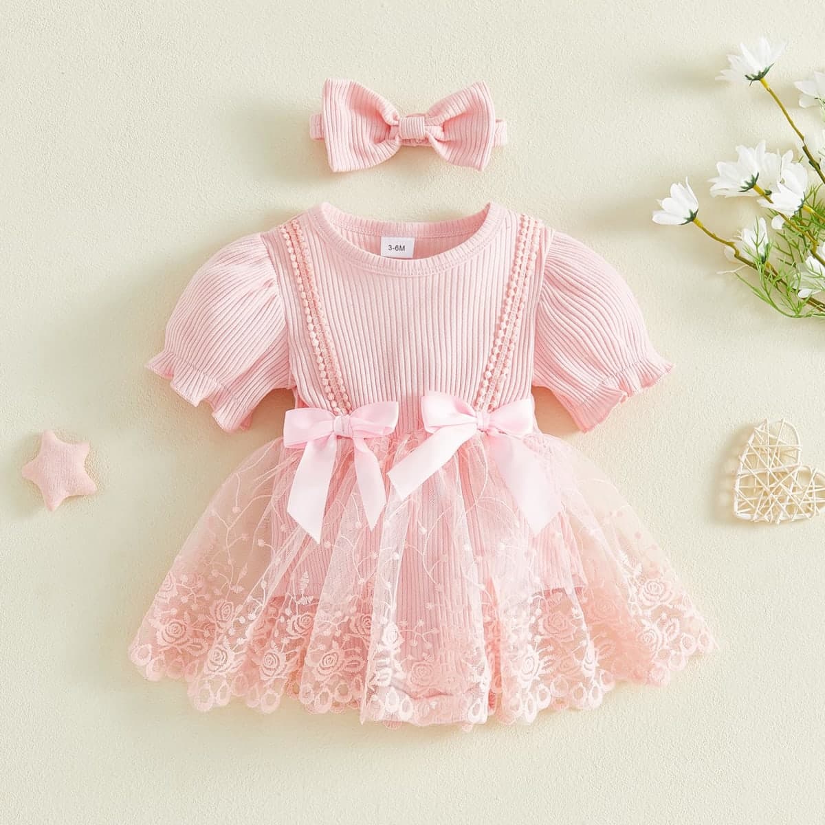 Douhoow Baby Girl Lace Dress Short Sleeve Baby Romper Dress Flowers Mesh Infant Girl Summer Clothes with Headband, Pink, 0-3 Months thumbnail 2