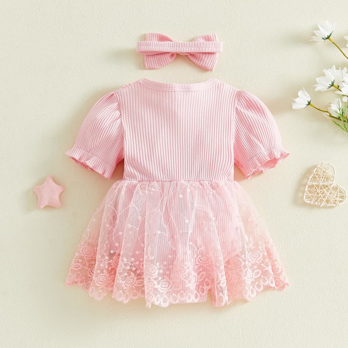 Douhoow Baby Girl Lace Dress Short Sleeve Baby Romper Dress Flowers Mesh Infant Girl Summer Clothes with Headband, Pink, 0-3 Months thumbnail 3