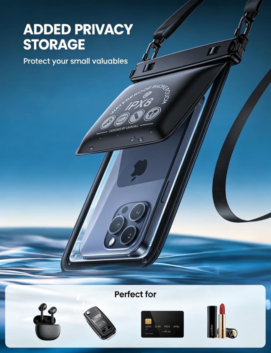 Lamicall Waterproof Phone Pouch with Storage Bag - [ Larger Size] IPX8 Dry Bag with Adjustable Lanyard, Waterproof Phone Case for iPhone 14 15 16 17 Pro Max, Galaxy S24 S25 Ultra, All 4-7.5" Phones thumbnail 2