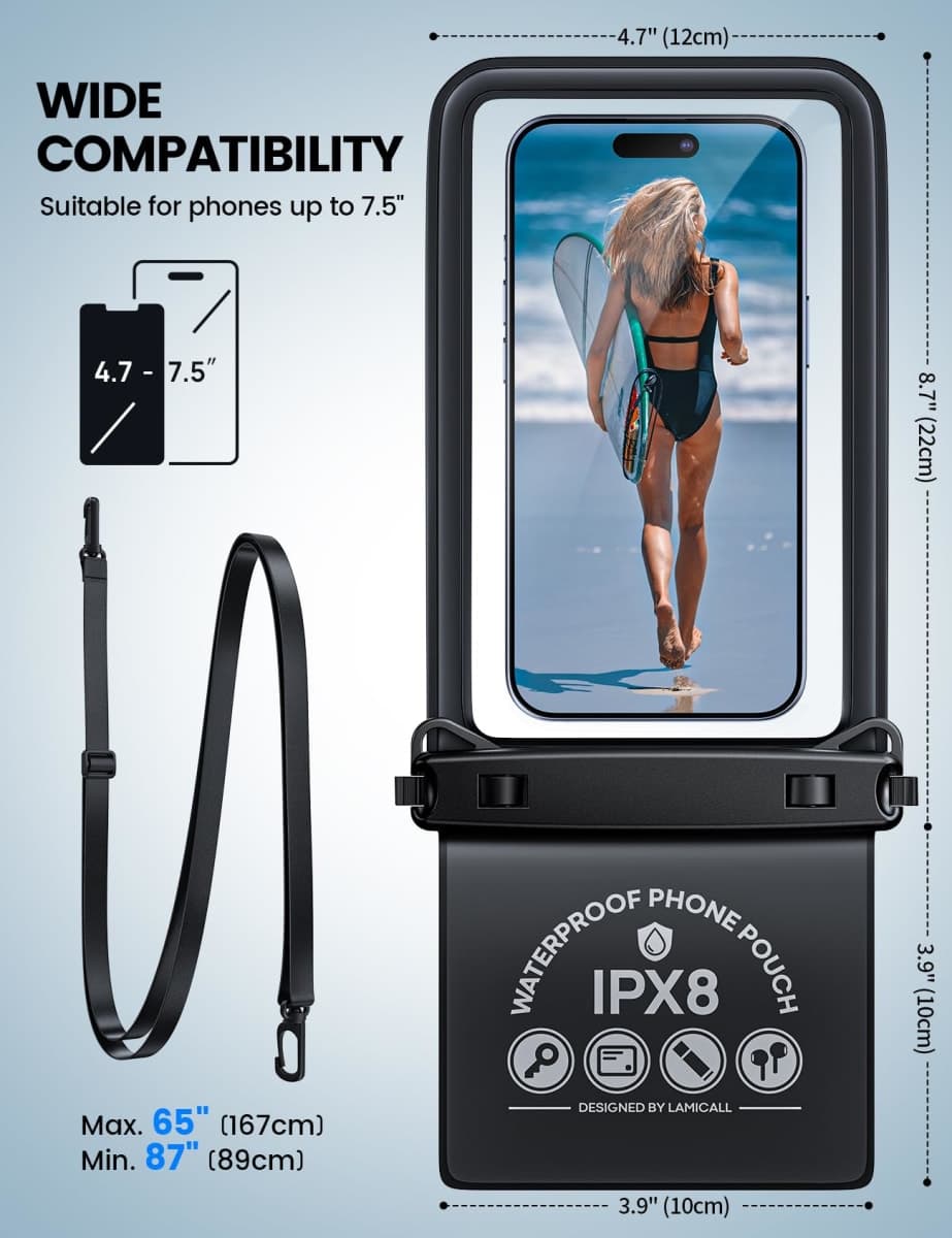 Lamicall Waterproof Phone Pouch with Storage Bag - [ Larger Size] IPX8 Dry Bag with Adjustable Lanyard, Waterproof Phone Case for iPhone 14 15 16 17 Pro Max, Galaxy S24 S25 Ultra, All 4-7.5" Phones thumbnail 5
