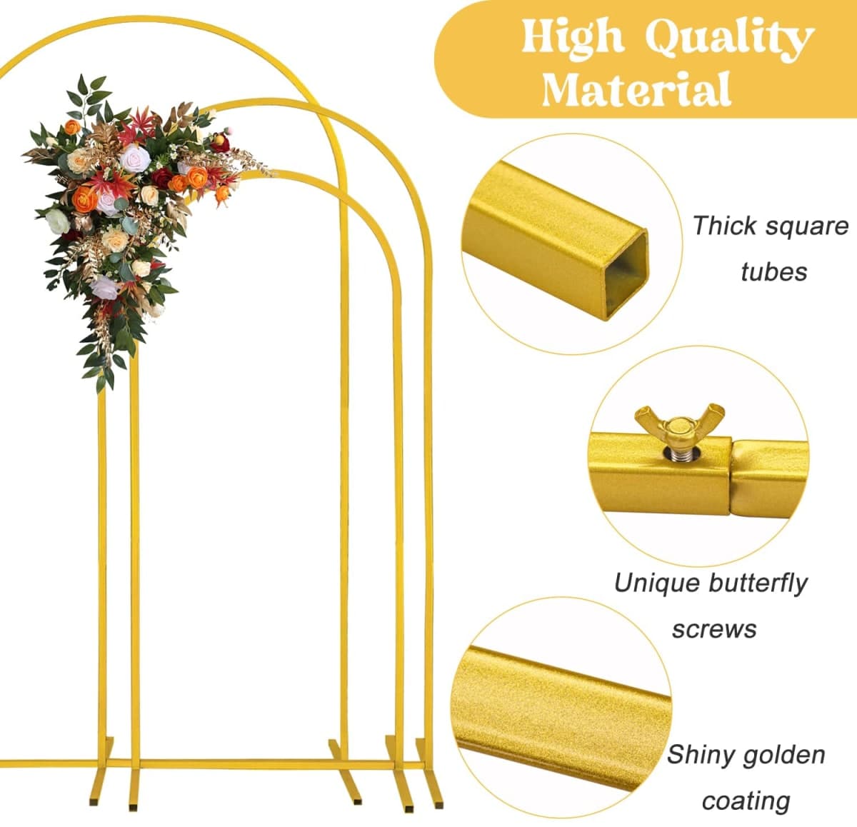 Fivenl Set of 3 Arch Backdrop Stand 7.2FT, 6.6FT, 6FT Gold Wedding Balloon Stand Stable Metal Door Frame for Ceremony Birthday Party Bridal Baby Shower Banquet Decoratio thumbnail 4