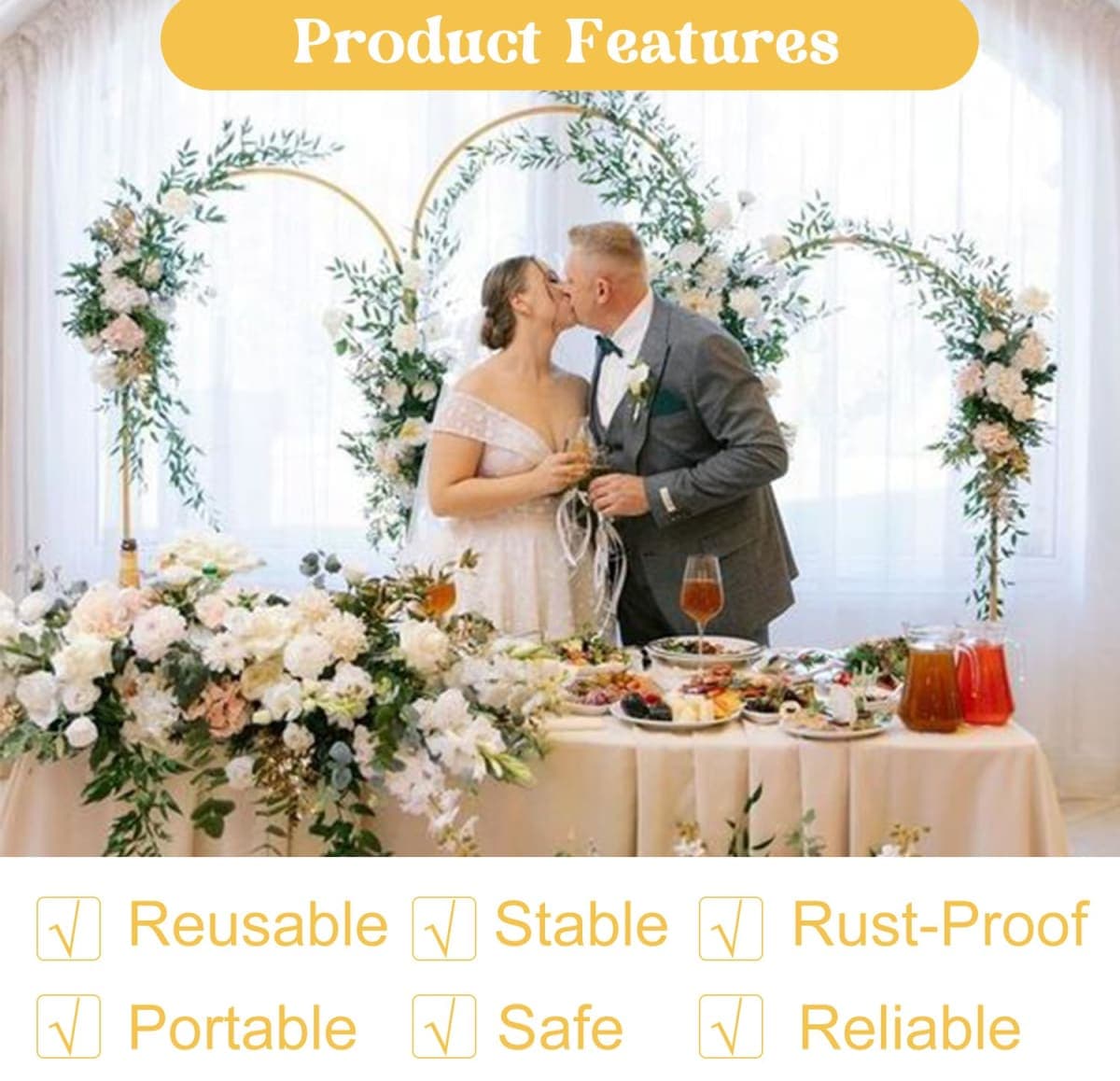 Fivenl Set of 3 Arch Backdrop Stand 7.2FT, 6.6FT, 6FT Gold Wedding Balloon Stand Stable Metal Door Frame for Ceremony Birthday Party Bridal Baby Shower Banquet Decoratio thumbnail 5