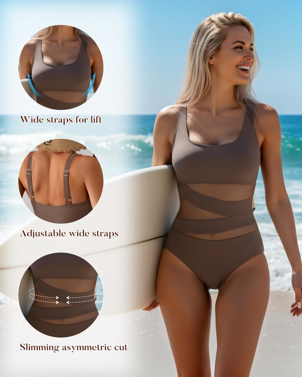 B2prity Women's Mesh One Piece Swimsuit Tummy Control Sexy Bathing Suit Push Up Swim Suit Slimming Swimwear, Teal Green, Medium thumbnail 5