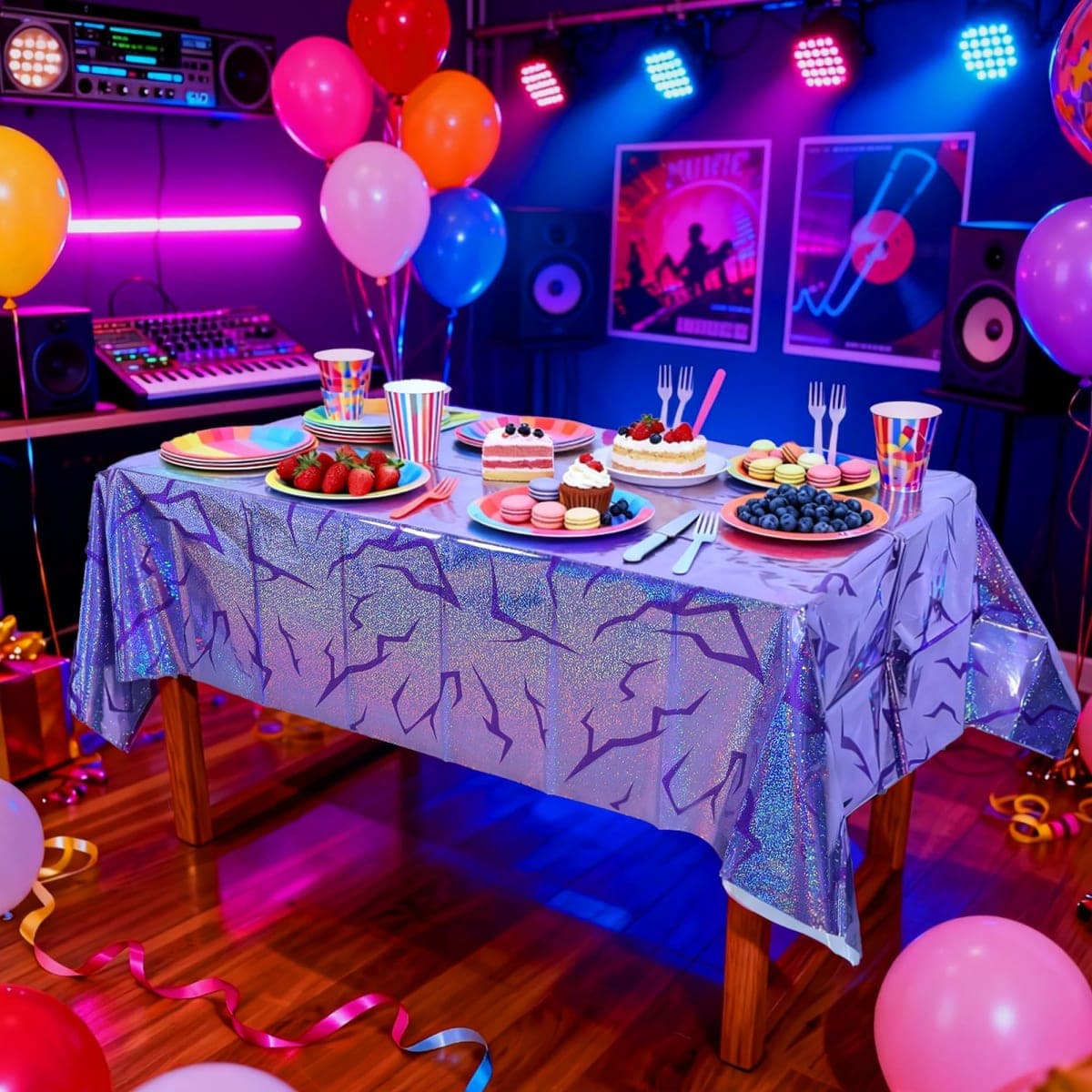 3PCS Demon Hunters Birthday Tablecloth Decorations, Purple Demon Energy Pattern Grad 9FT Tablecover Sparkling Holographic Laser Korean Idol Movie Decor for Kids’Party Birthday Graduation Bachelor thumbnail 2