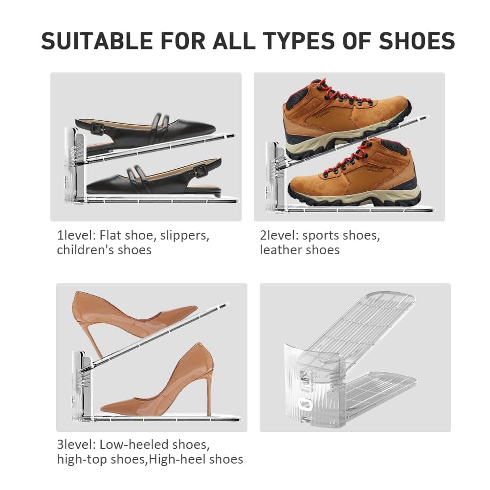 20 Pack Clear Shoe Slots Organizer - Adjustable Height 3.7''to 7.7'' Shoe stackers for a pair of shoes ,Shoe rack storage shoe space saver 50%,Easy to assemble shoe hold shoe organizer for cloest thumbnail 5