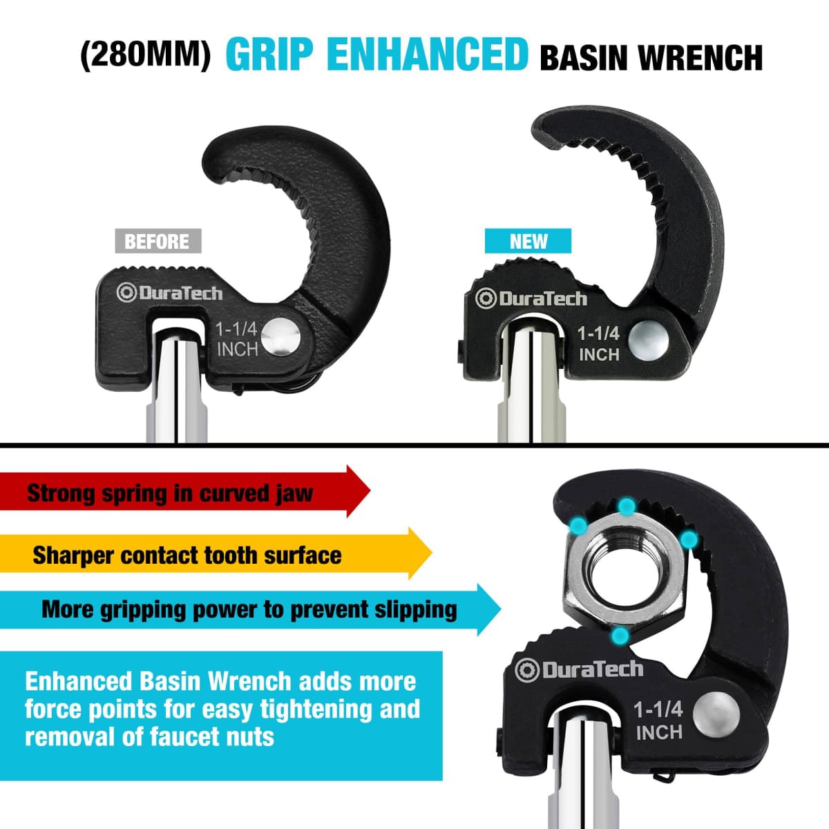 DURATECH 11" Basin Wrench, Sink Wrench, Adjustable Tap Nut Spanner Basin Spanner, Capacity of 3/8" to 1-1/4" for Fixing Back and Union Nuts Under Sink thumbnail 2