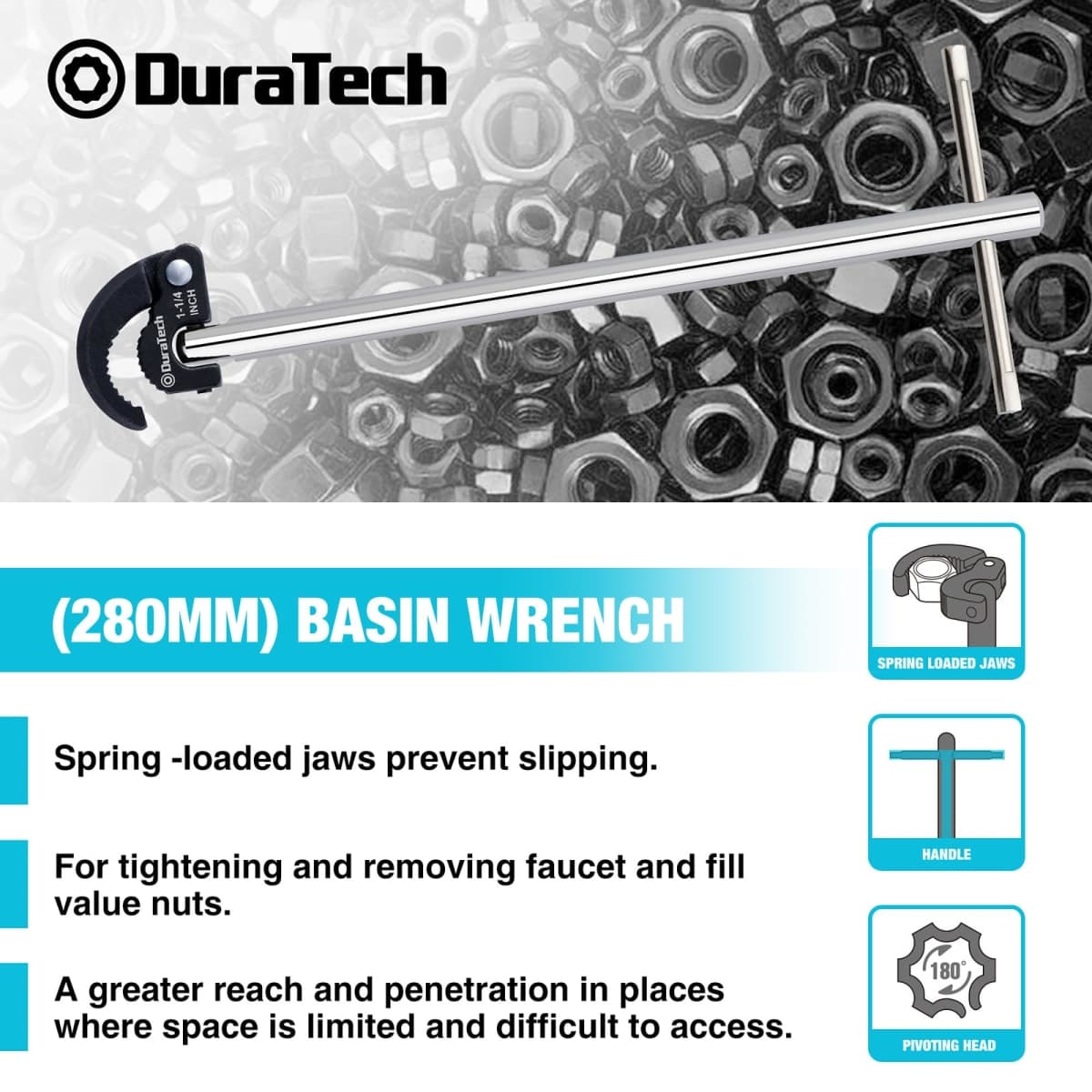 DURATECH 11" Basin Wrench, Sink Wrench, Adjustable Tap Nut Spanner Basin Spanner, Capacity of 3/8" to 1-1/4" for Fixing Back and Union Nuts Under Sink thumbnail 3