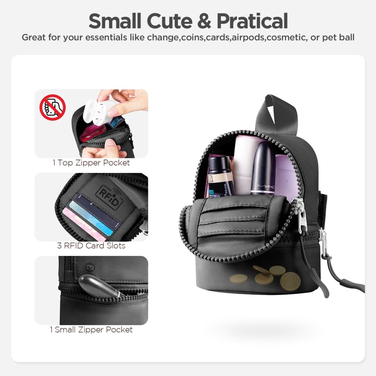 Babysun Mini Backpack Keychain Wristlet Pouch Small Change Coin Purse Cute Zipper Wallet With 3 RFID Card Slots For Women/Men Airpods Cosmetics, Black, Compact thumbnail 4