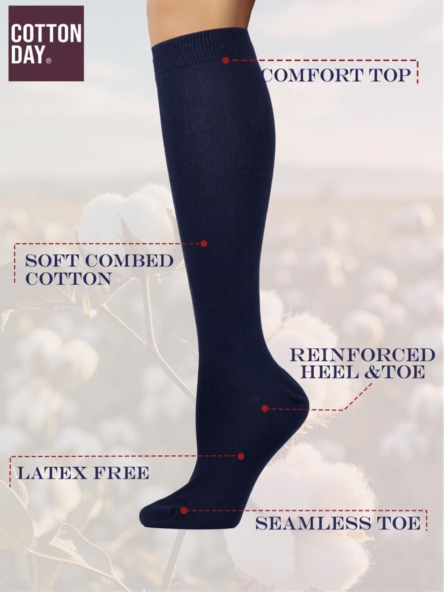 COTTON DAY Women's Soft Combed Cotton Knee High Socks Seamless Toe 3 Pack, Navy Blue 3 Pack, Small-Medium thumbnail 3