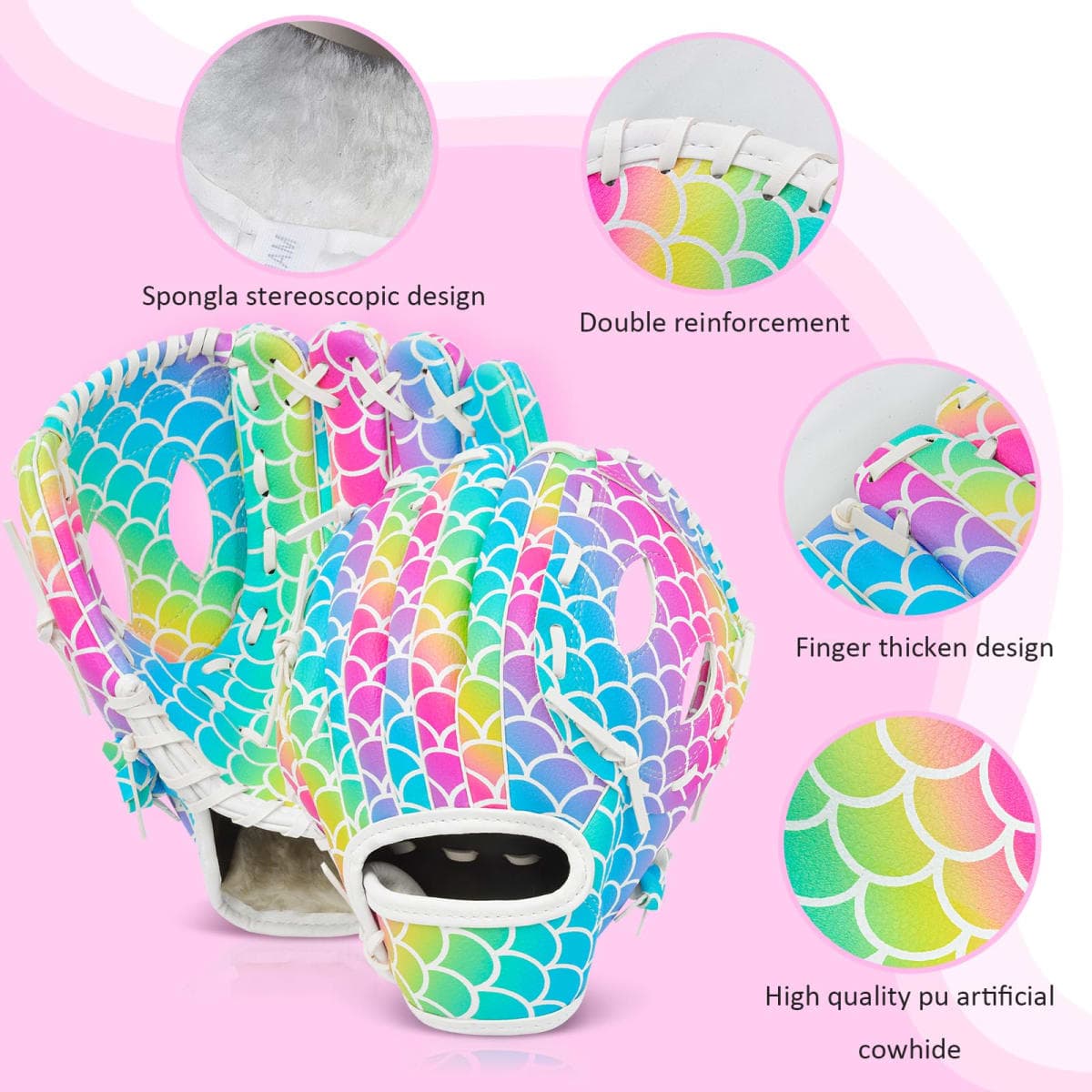Kids Baseball Glove, Softball Gloves, Kids Girls Toddlers Baseball Softball Mitt, 9''-10.5'' T-Ball Glove for Training and Beginner Play, Left Hand Glove, Right Hand Throw (Rainbow Mermaid, 10.5in) thumbnail 2