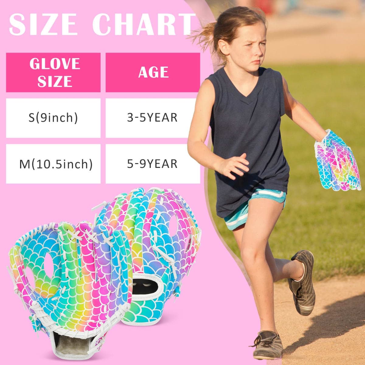 Kids Baseball Glove, Softball Gloves, Kids Girls Toddlers Baseball Softball Mitt, 9''-10.5'' T-Ball Glove for Training and Beginner Play, Left Hand Glove, Right Hand Throw (Rainbow Mermaid, 10.5in) thumbnail 4