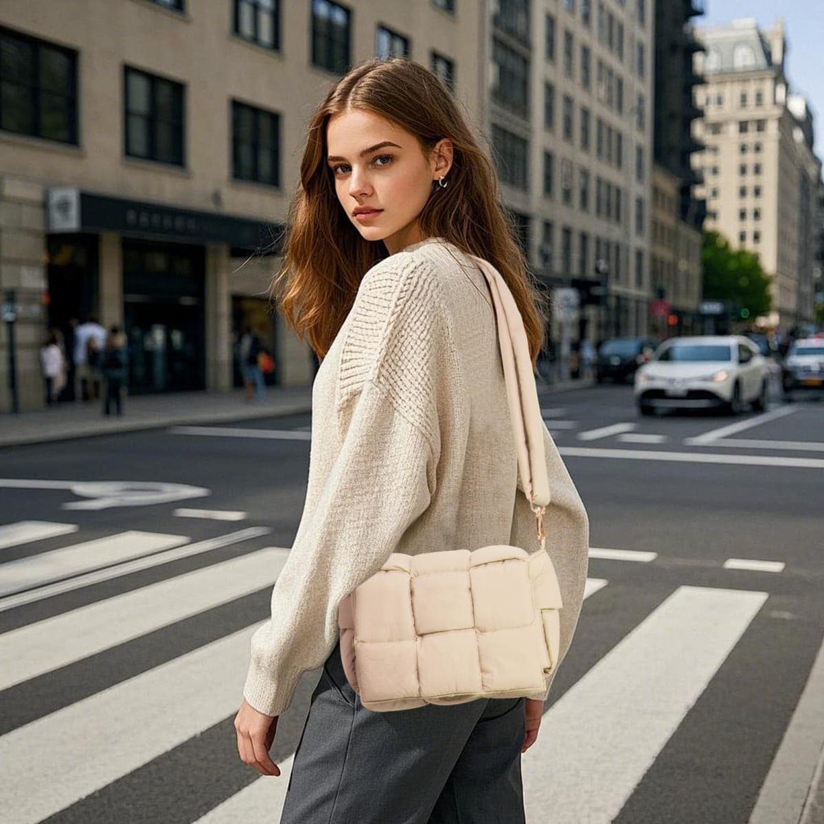 NAARIIAN Puffer shoulder bag Nylon padded woven handbag designer crossbody dupes women down purse, Beige M, Medium thumbnail 2