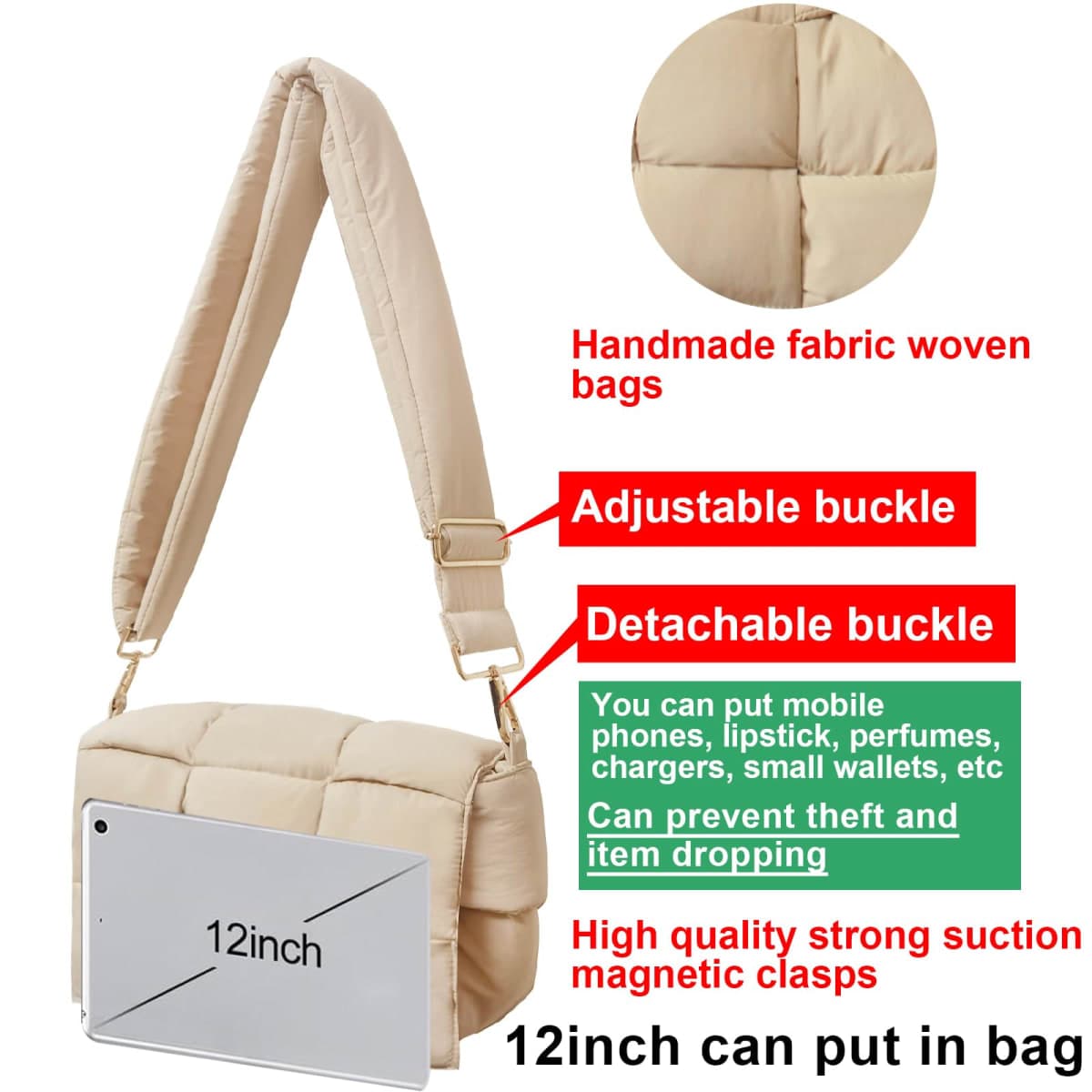 NAARIIAN Puffer shoulder bag Nylon padded woven handbag designer crossbody dupes women down purse, Beige M, Medium thumbnail 3
