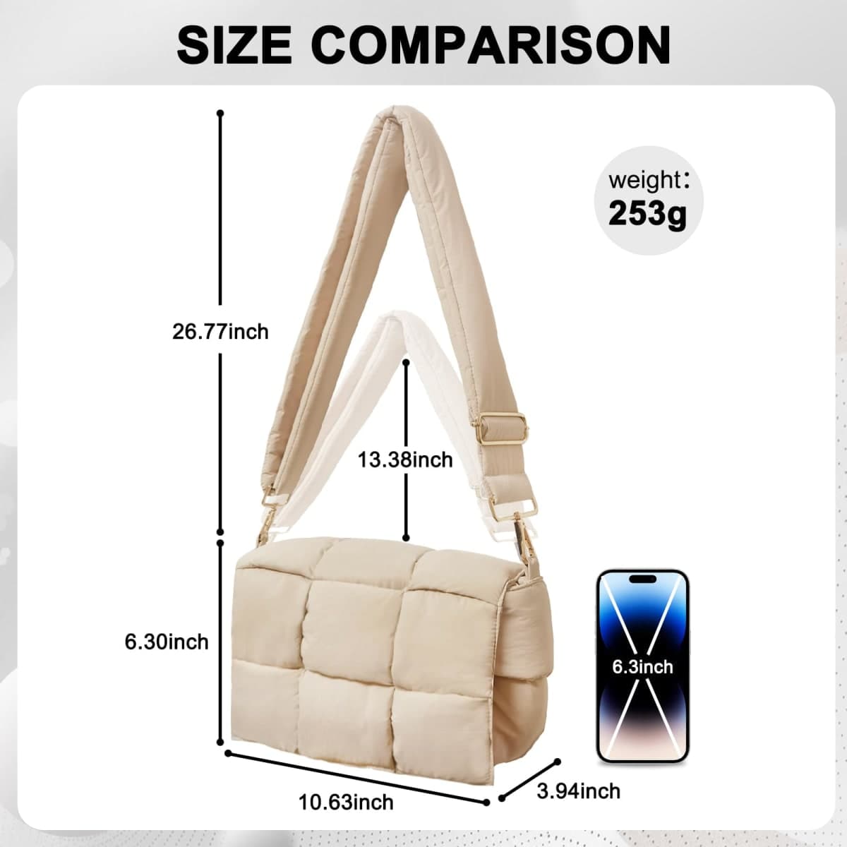NAARIIAN Puffer shoulder bag Nylon padded woven handbag designer crossbody dupes women down purse, Beige M, Medium thumbnail 4
