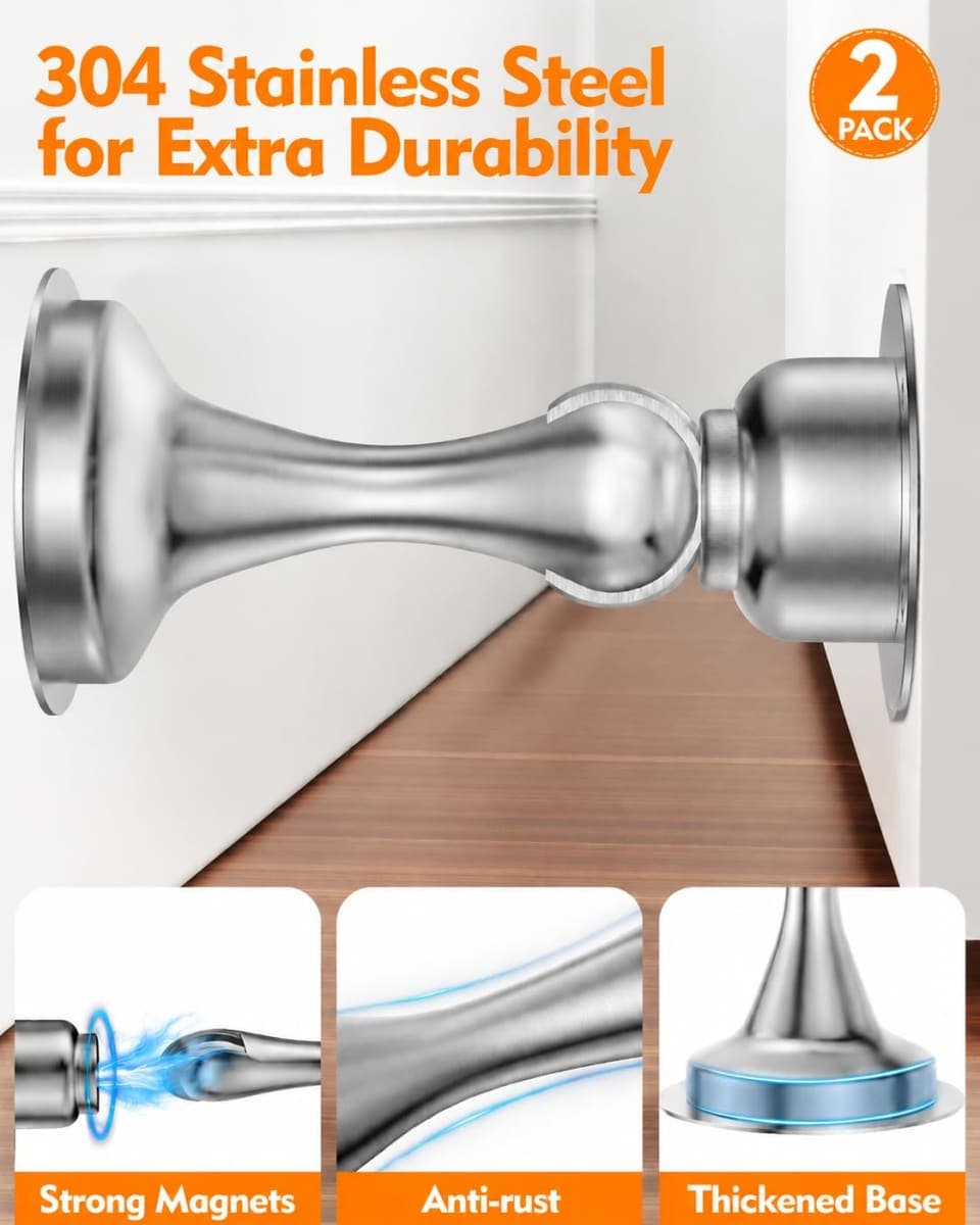 Door Stopper Magnetic Door Stop, 2 Pack Strong Magnetic Door Catch for Hold Door Open, Stainless Steel Heavy Duty Door Holder, Wall Floor Mounting, No Drill Adhesive & Screws (Silver) thumbnail 3