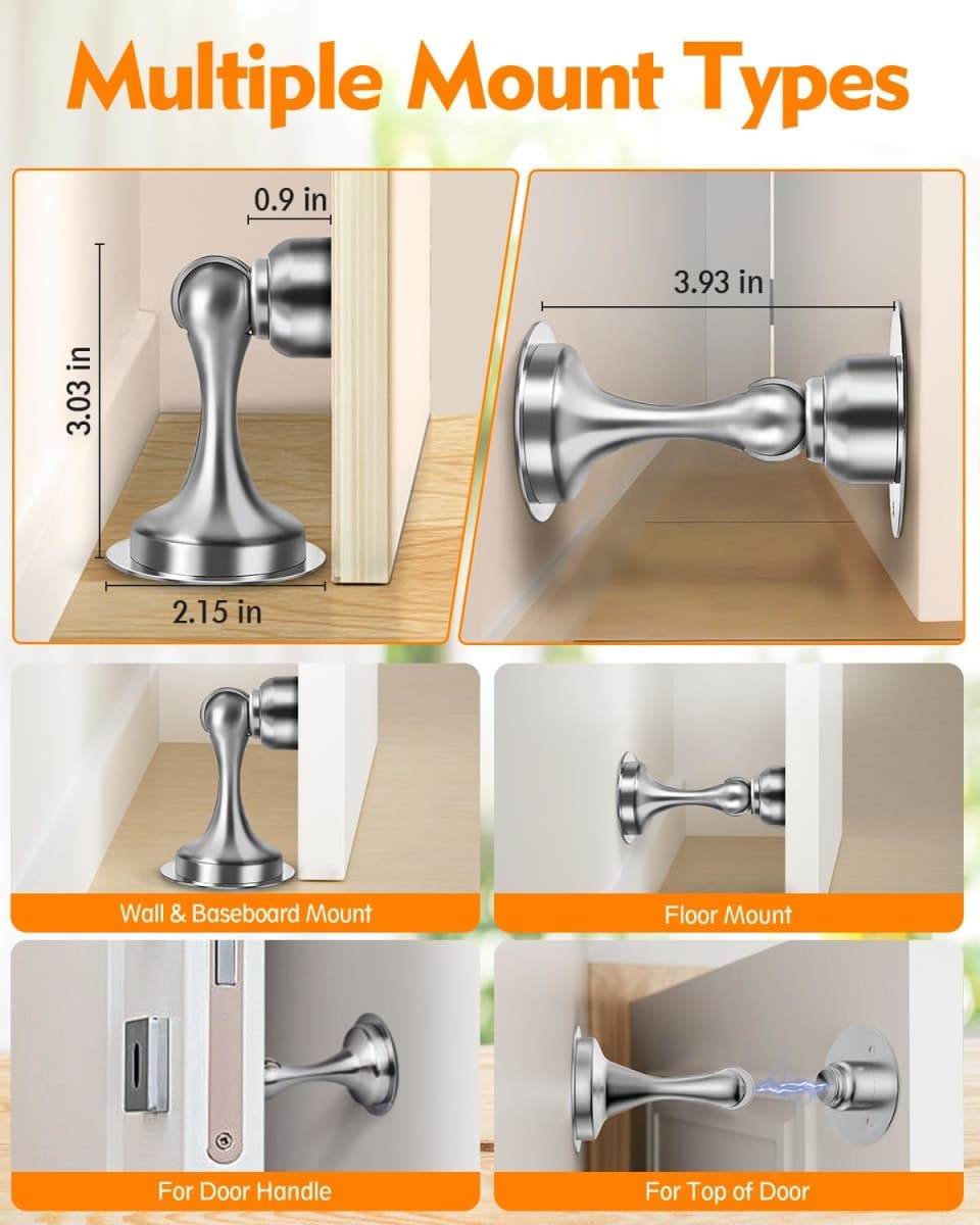 Door Stopper Magnetic Door Stop, 2 Pack Strong Magnetic Door Catch for Hold Door Open, Stainless Steel Heavy Duty Door Holder, Wall Floor Mounting, No Drill Adhesive & Screws (Silver) thumbnail 4