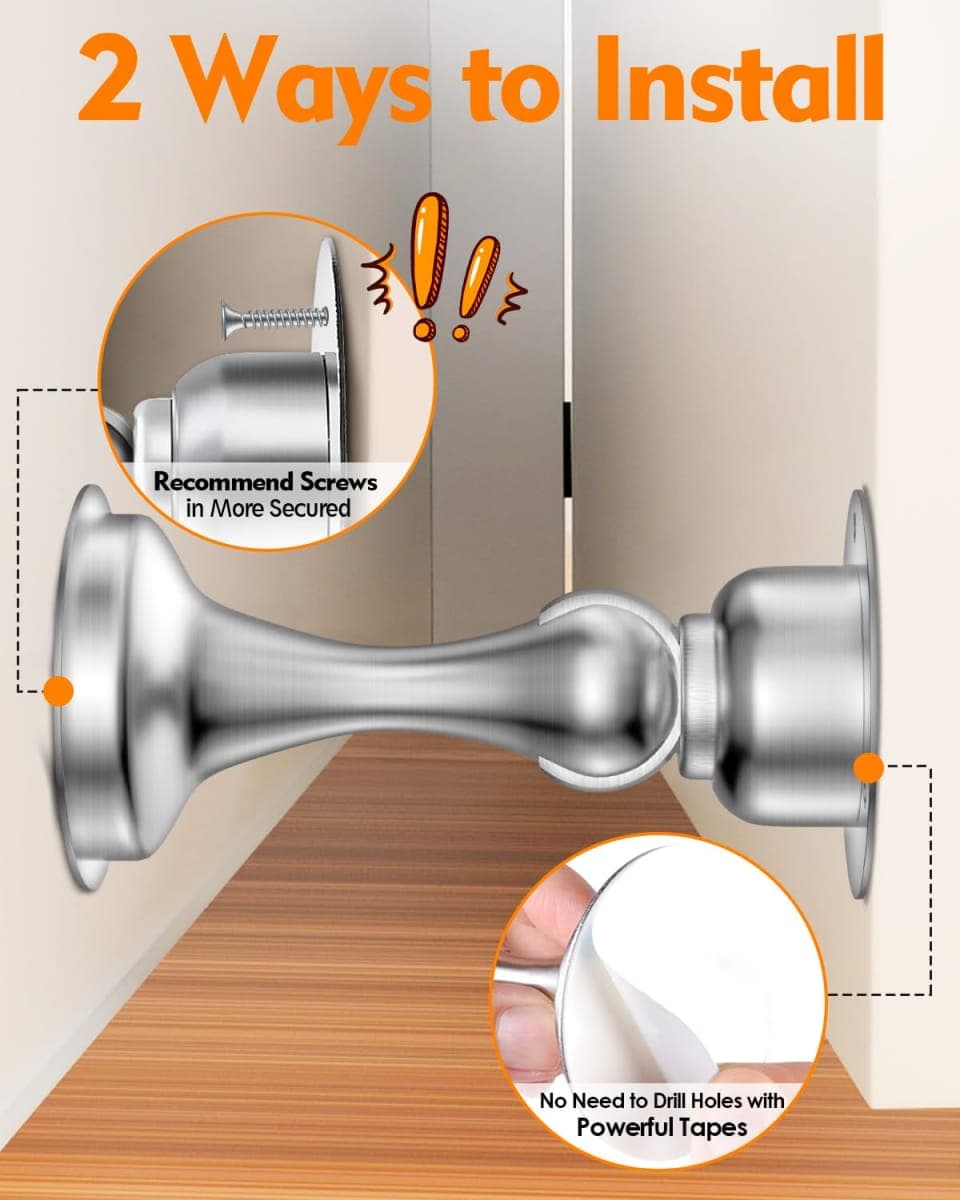 Door Stopper Magnetic Door Stop, 2 Pack Strong Magnetic Door Catch for Hold Door Open, Stainless Steel Heavy Duty Door Holder, Wall Floor Mounting, No Drill Adhesive & Screws (Silver) thumbnail 5
