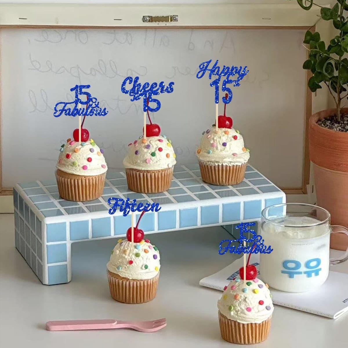 24Pcs 15th Birthday Cupcake Toppers - Blue Glitter Sweet 15 Cheers to 15 Years Old Cupcake Picks 15 Fabulous for 15th Birthday Anniversary Party Decorations Supplies thumbnail 3