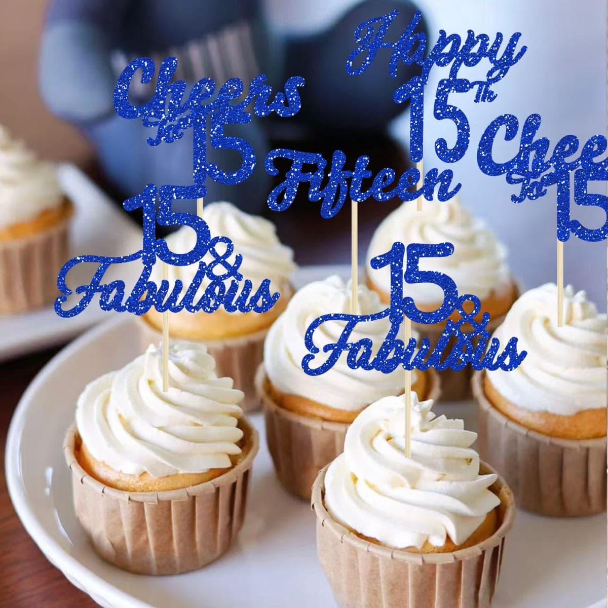 24Pcs 15th Birthday Cupcake Toppers - Blue Glitter Sweet 15 Cheers to 15 Years Old Cupcake Picks 15 Fabulous for 15th Birthday Anniversary Party Decorations Supplies thumbnail 4