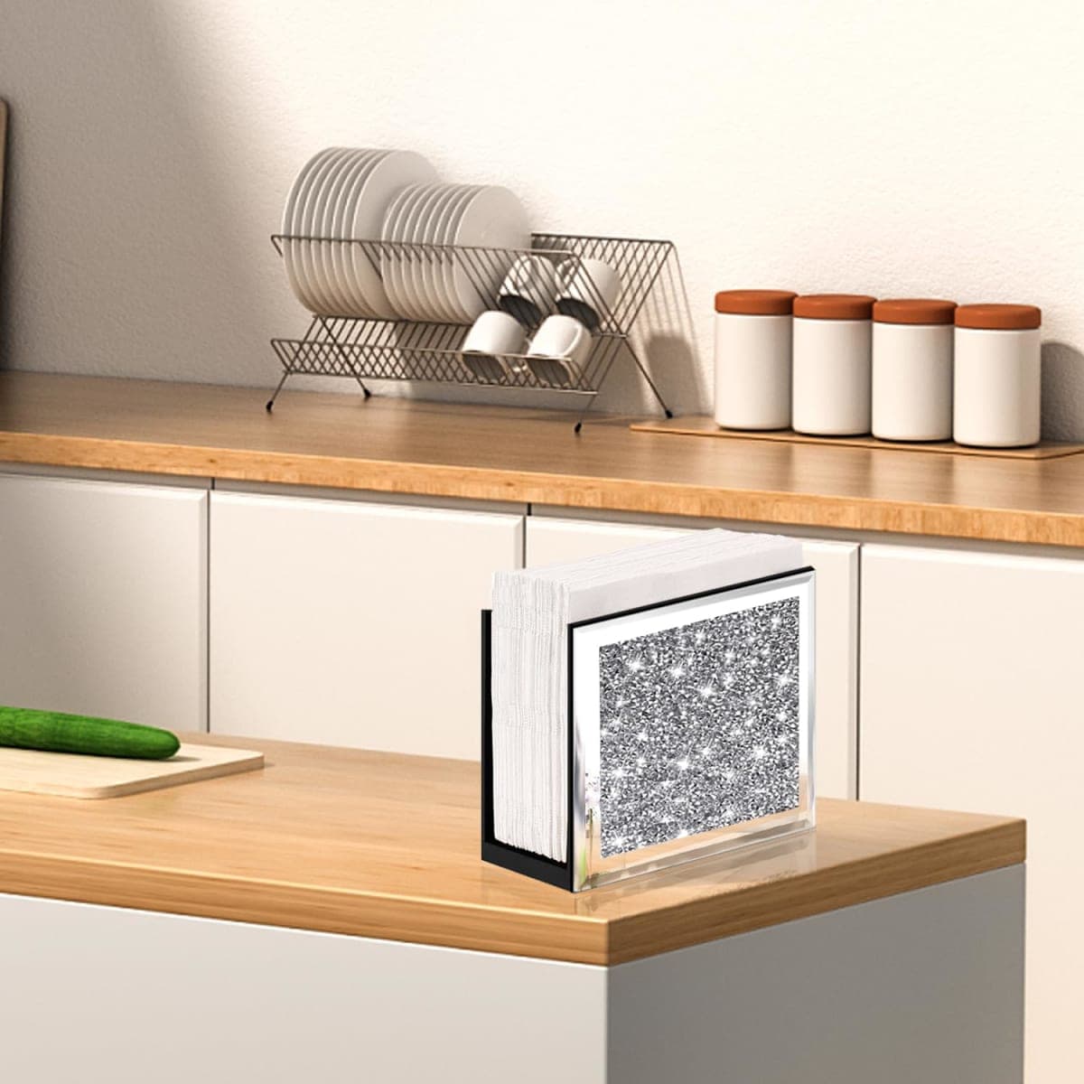 Wocred Mirror Napkin Holder,Crystal Crushed Diamond Vertical Holder,Square Glass Mirror Napkin Holder for Dining Table or Counter in The Kitchen.(5.9”X5.9”X3”) thumbnail 3